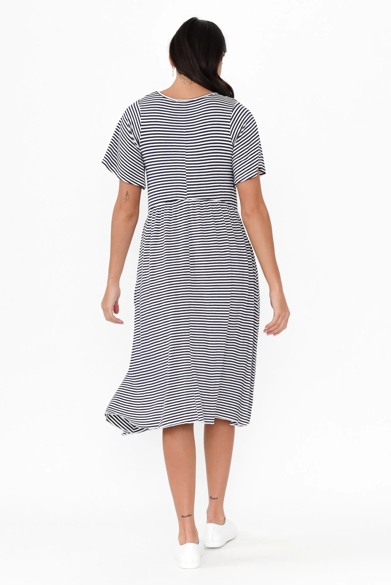 Donna Navy Stripe Gathered Dress