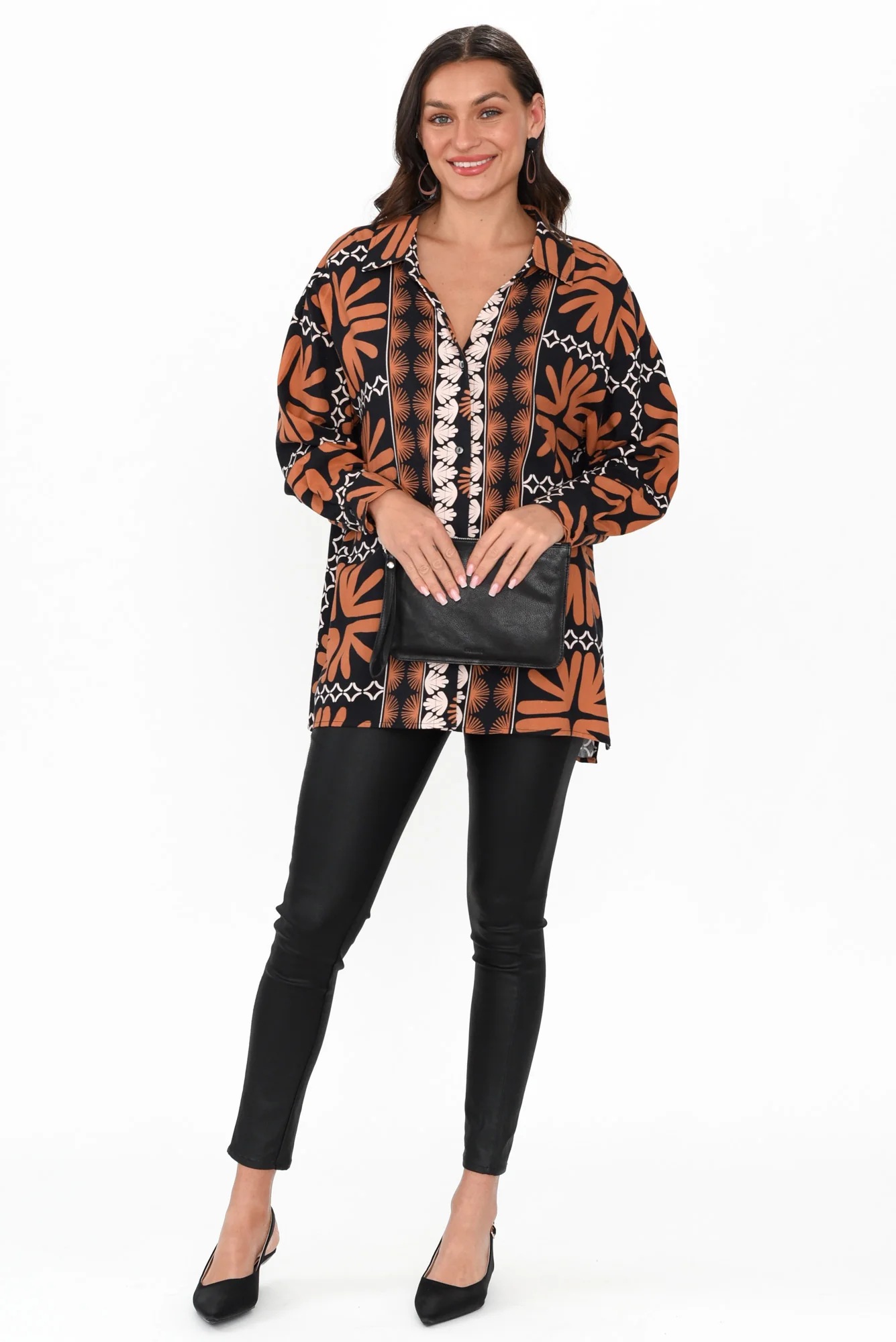 Silia Brown Geo Linen Blend Shirt