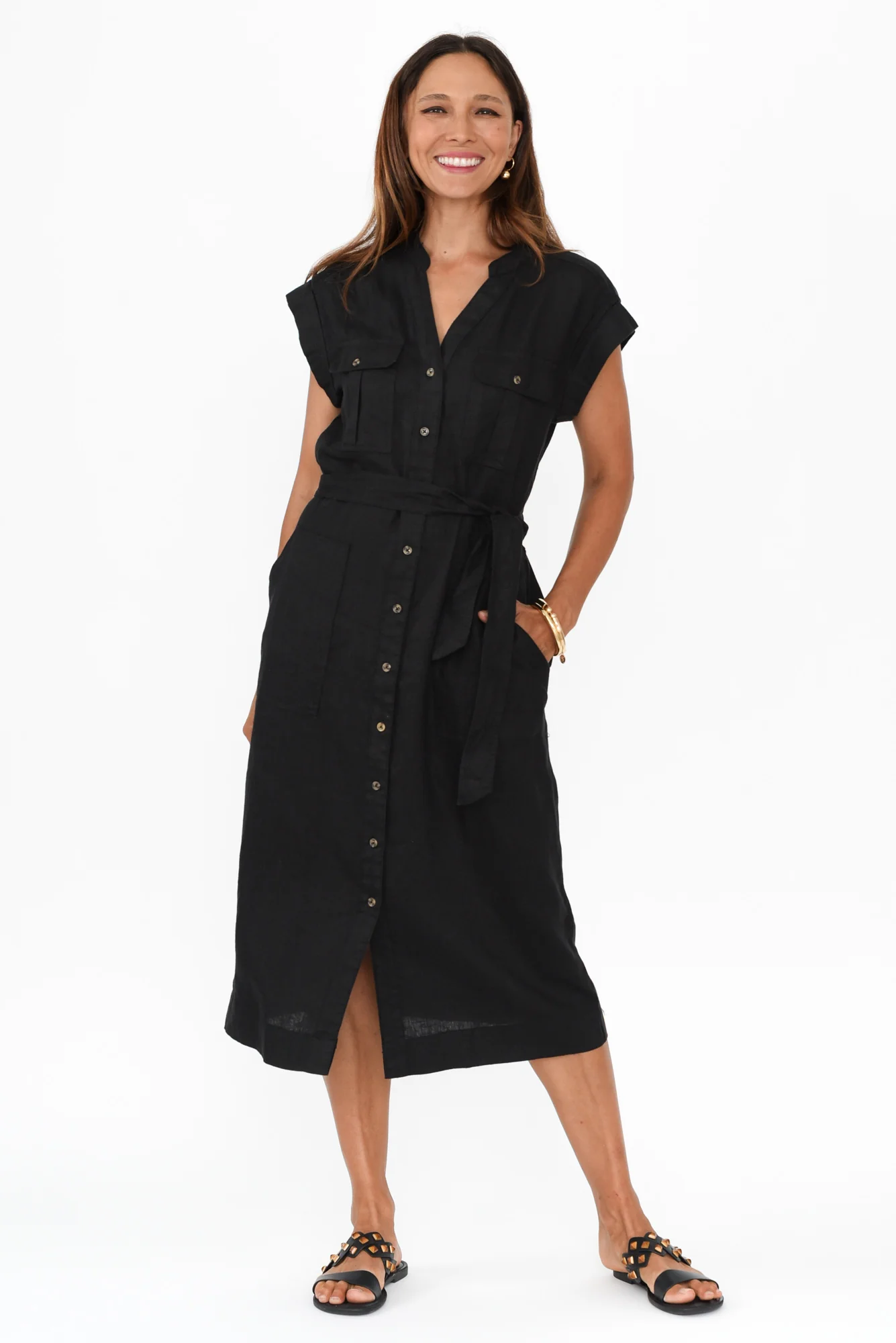 Harlow Black Linen Belted Dress