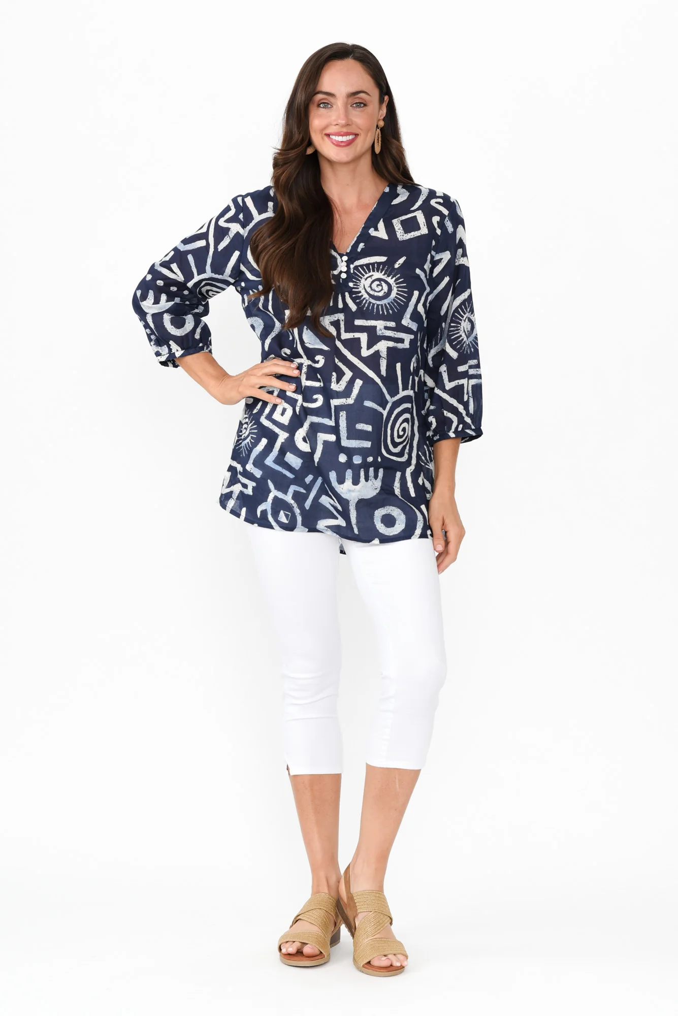 Clara Blue Geo Cotton Button Top