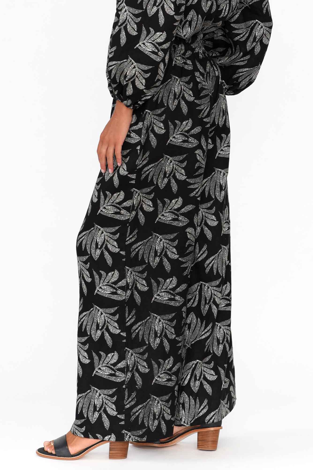 Eleri Black Palm Linen Wide Leg Pants