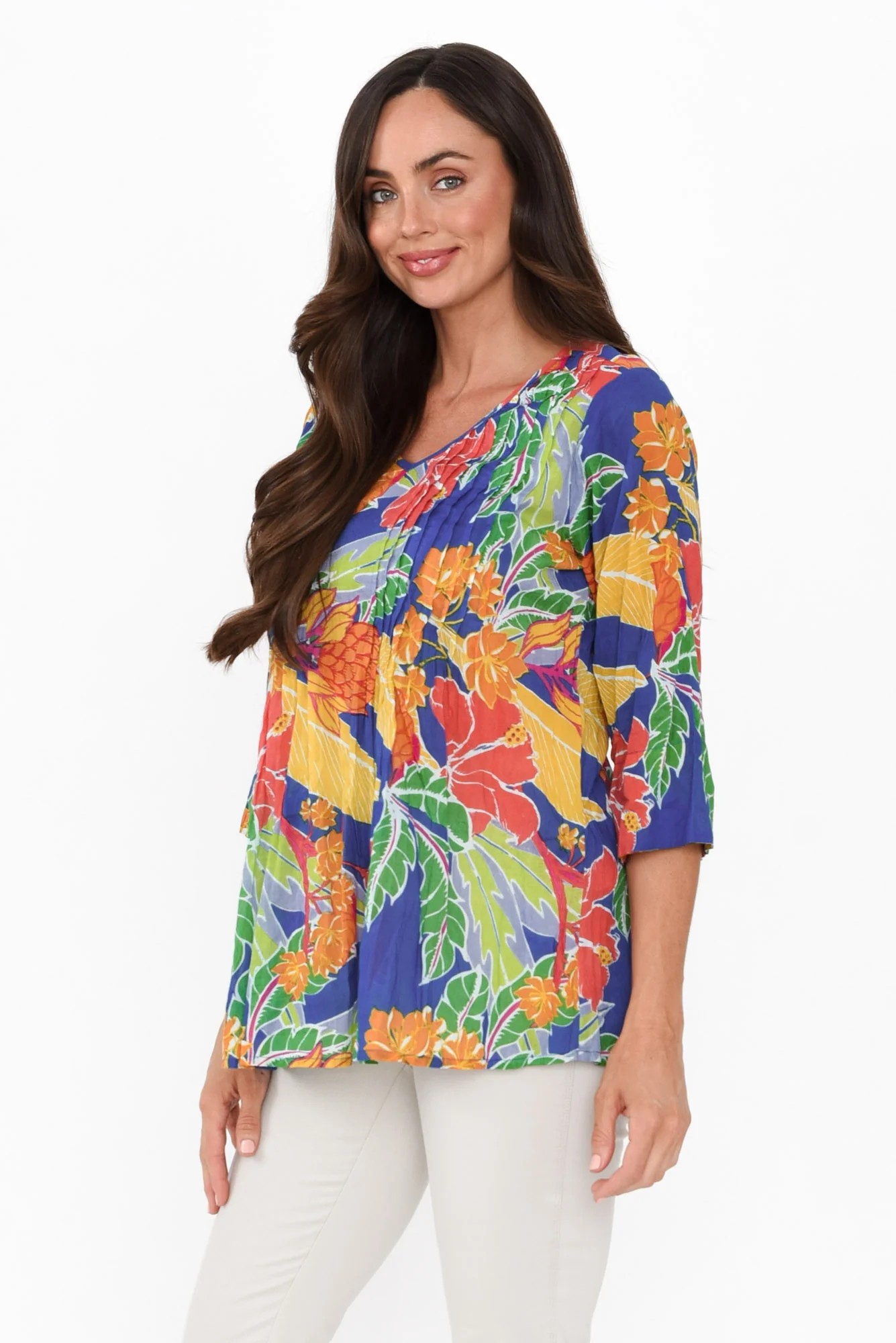 Fia Navy Floral Sleeved Crinkle Cotton Top