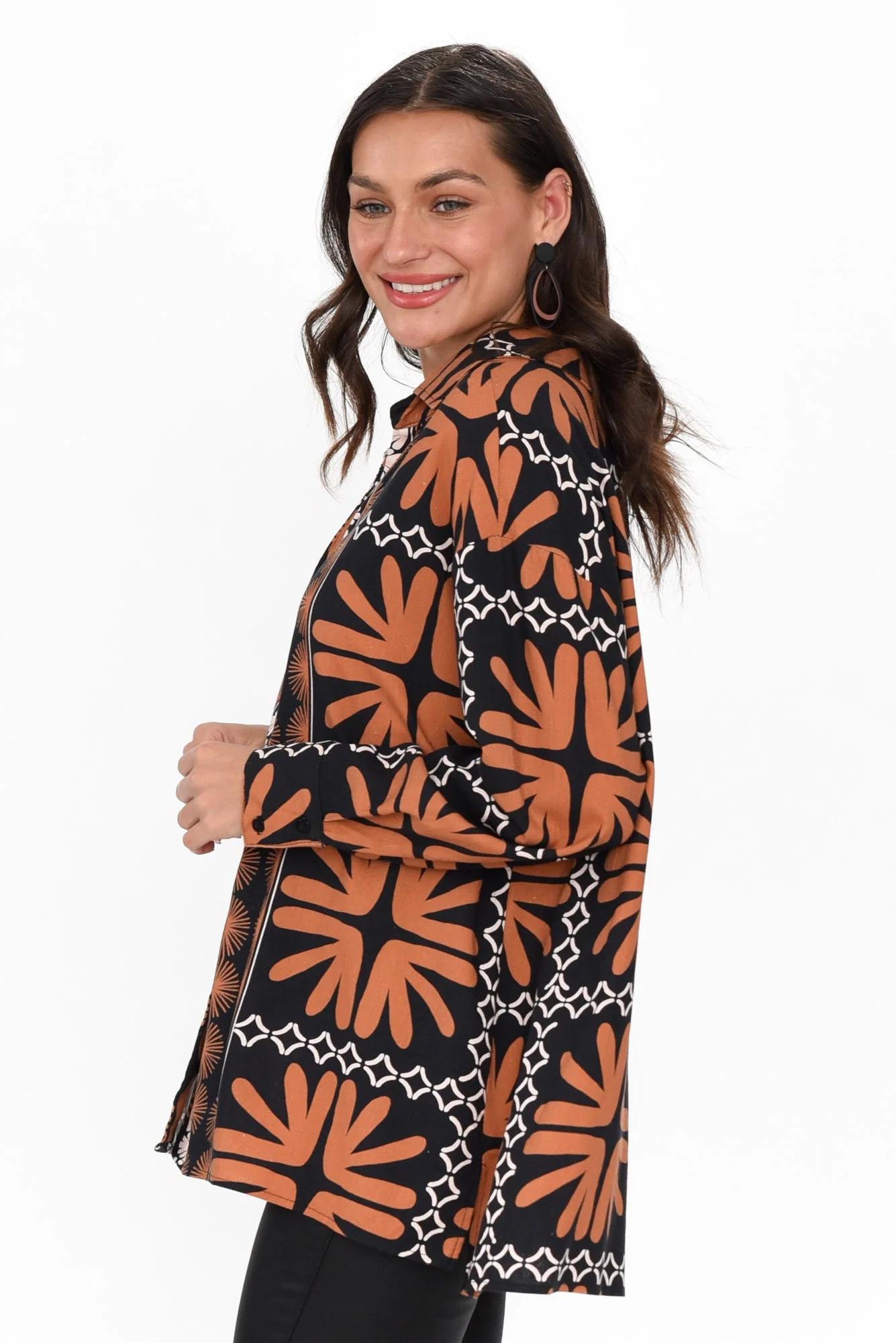 Silia Brown Geo Linen Blend Shirt