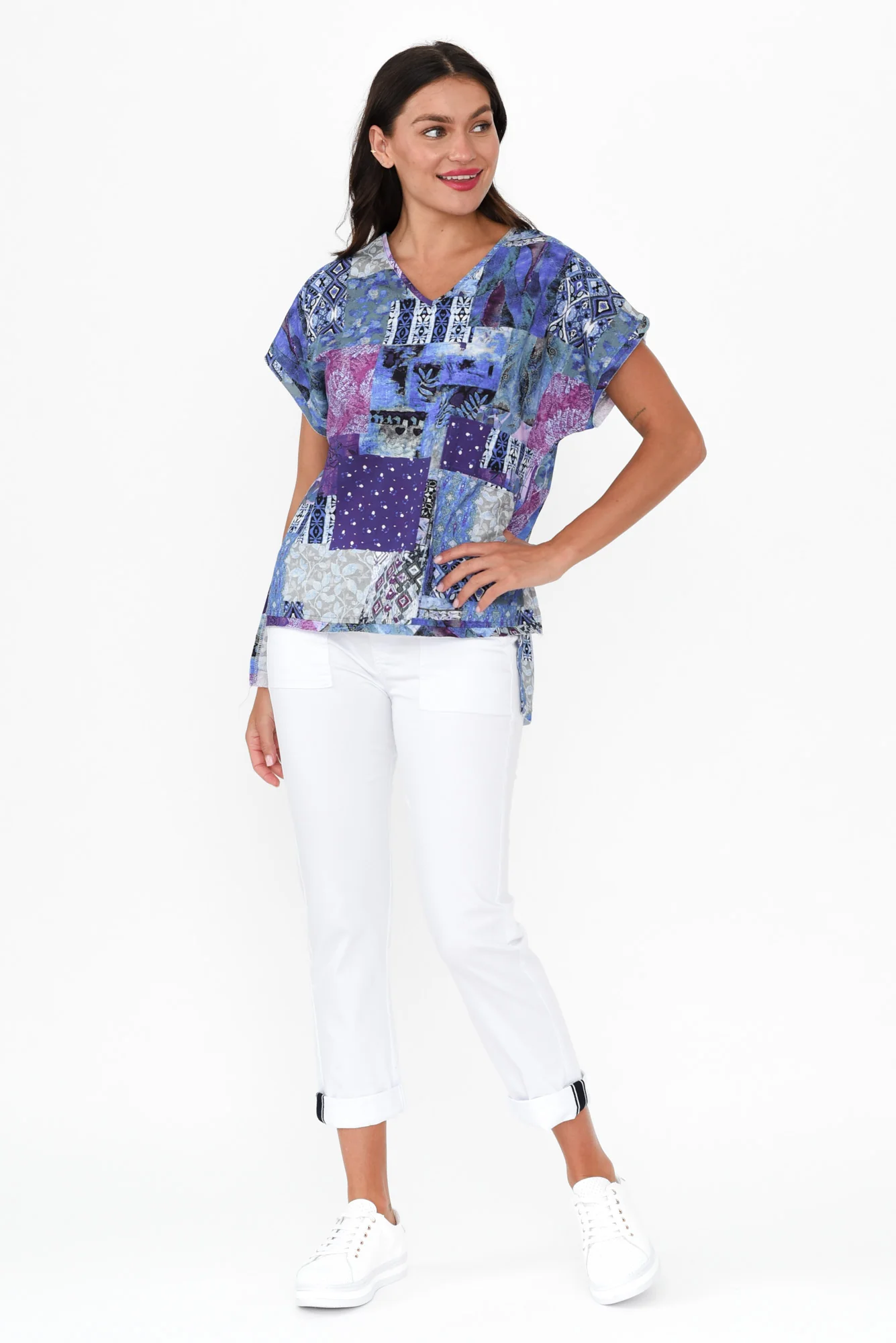 Terassa Blue Abstract Linen Blend Top