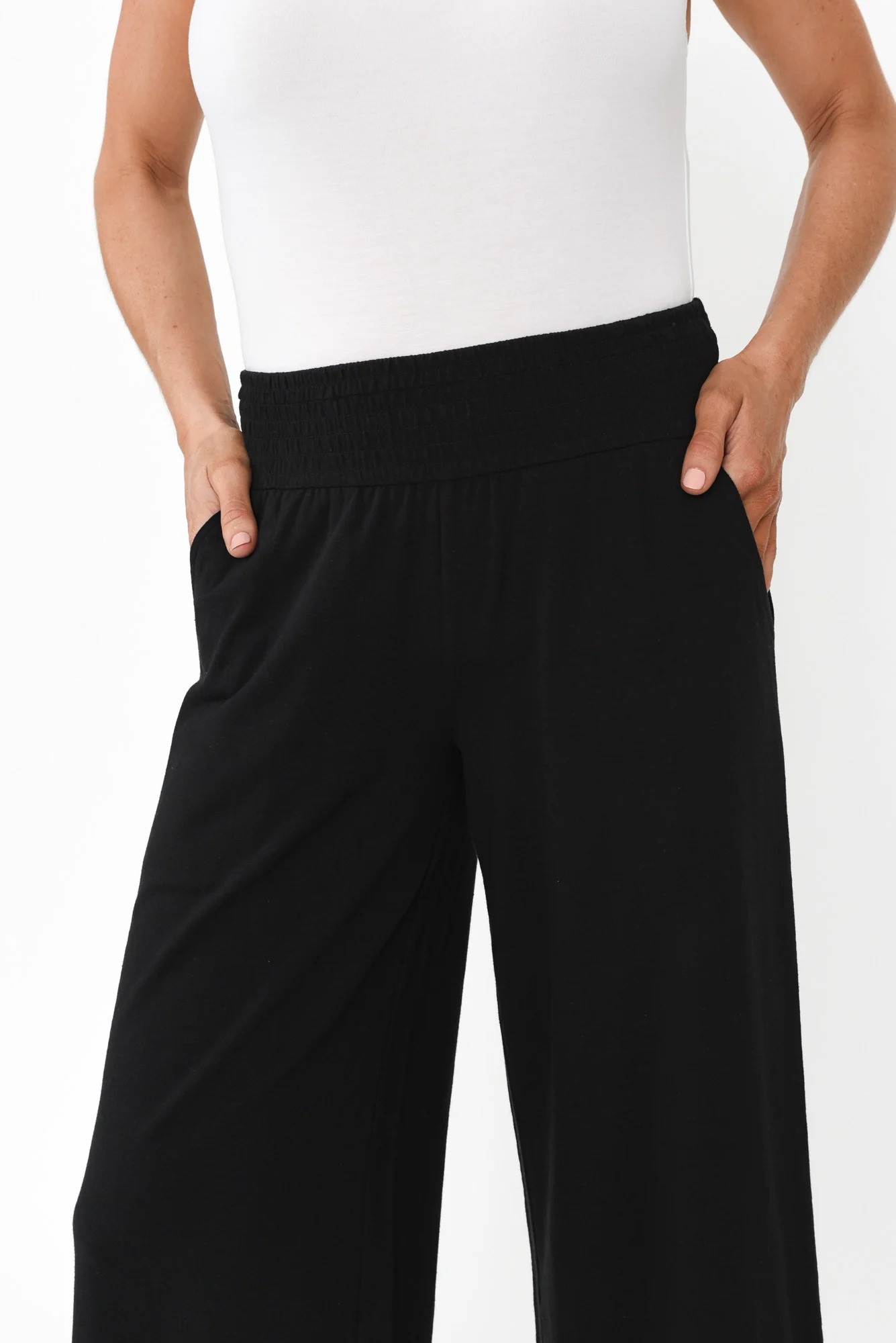 Eliana Black Cotton Shirred Cropped Pants