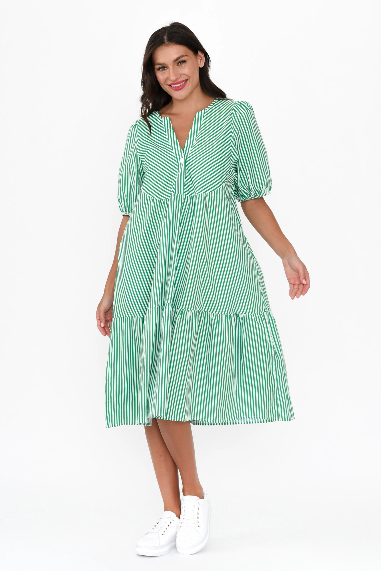 Zariah Green Stripe Cotton Tier Dress