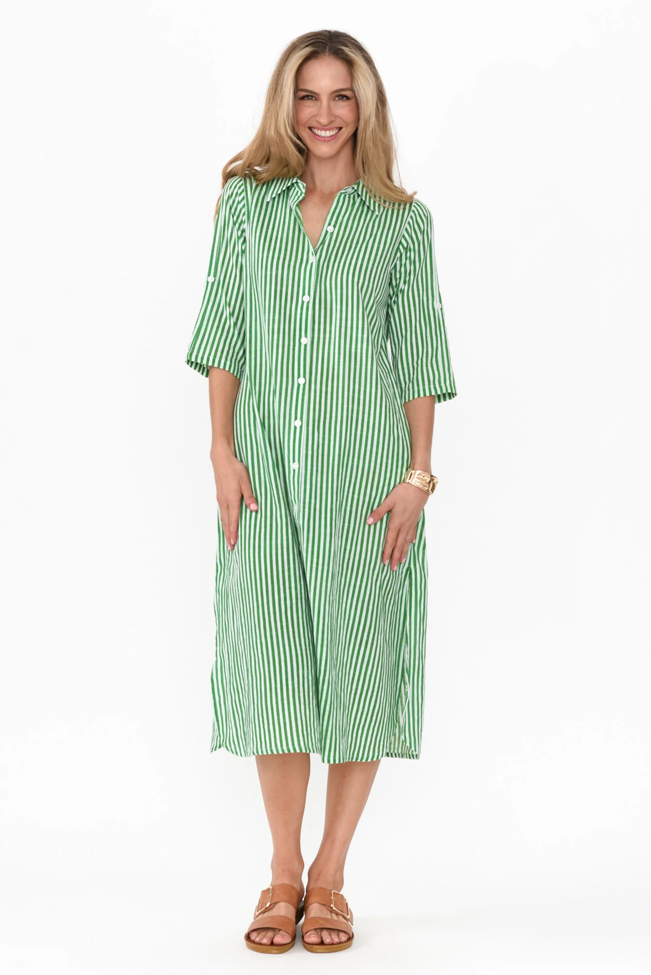 Tricia Green Stripe Cotton Shirt Dress