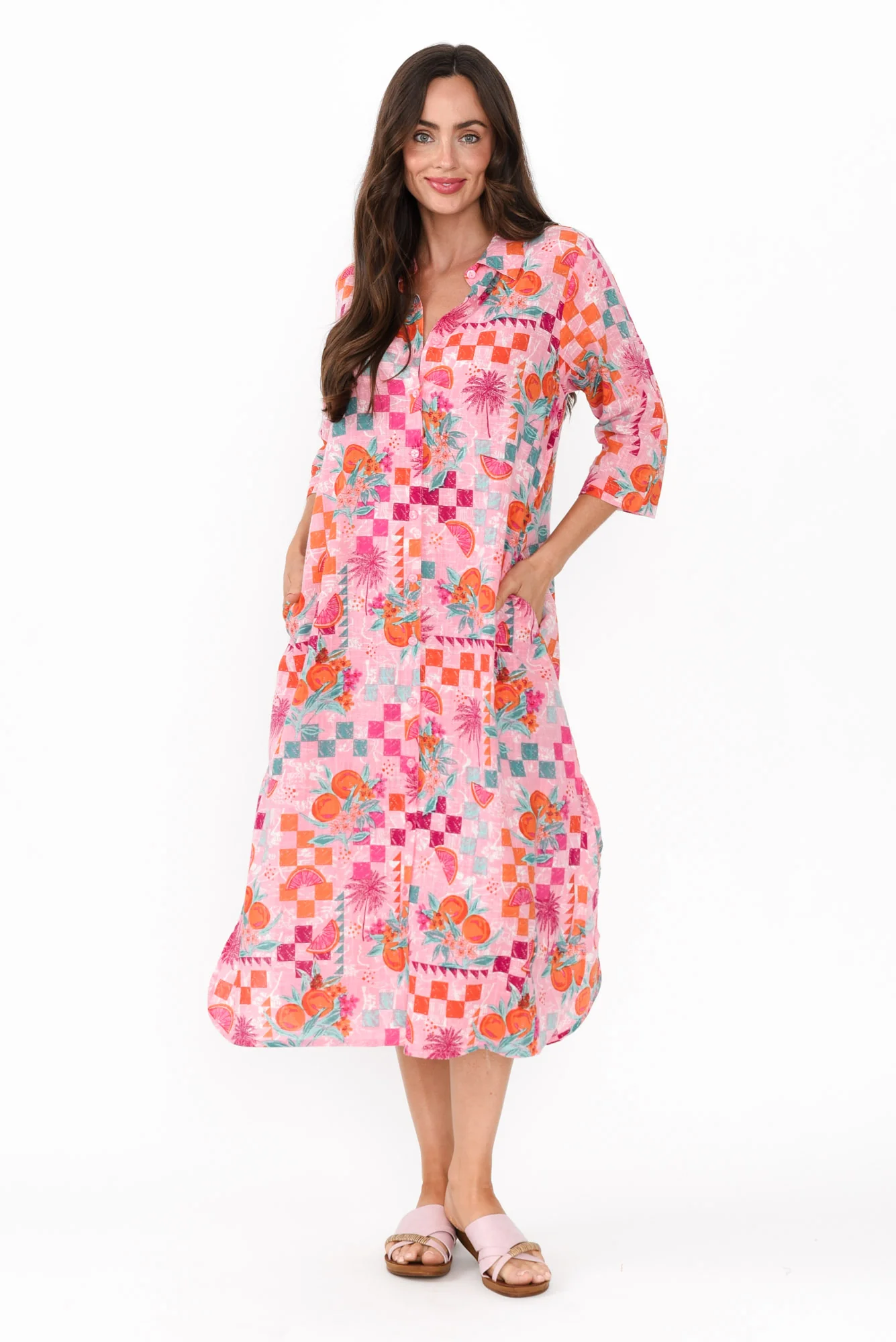 Tricia Pink Tropical Cotton Shirt Dress