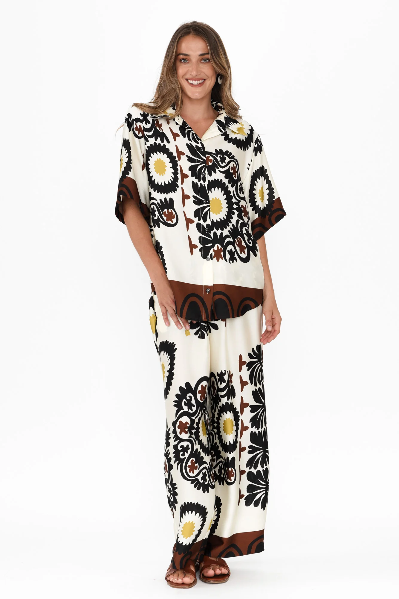 Plato Cream Abstract Wide Leg Pants
