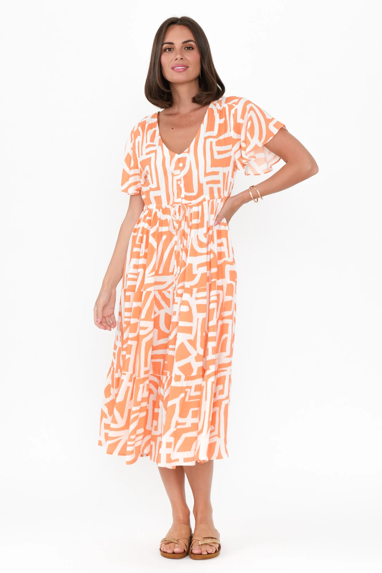 Johanne Orange Abstract Tie Dress