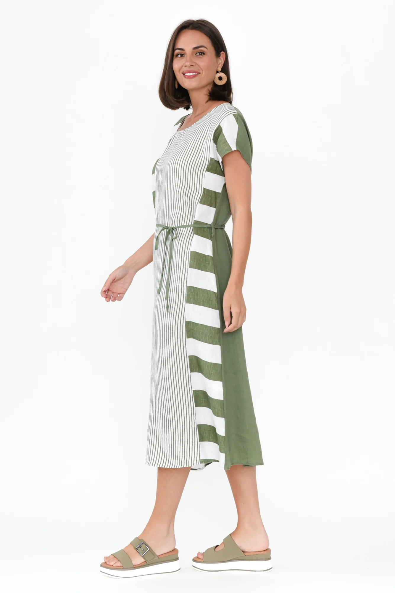 Nunez Khaki Stripe Linen Blend Dress
