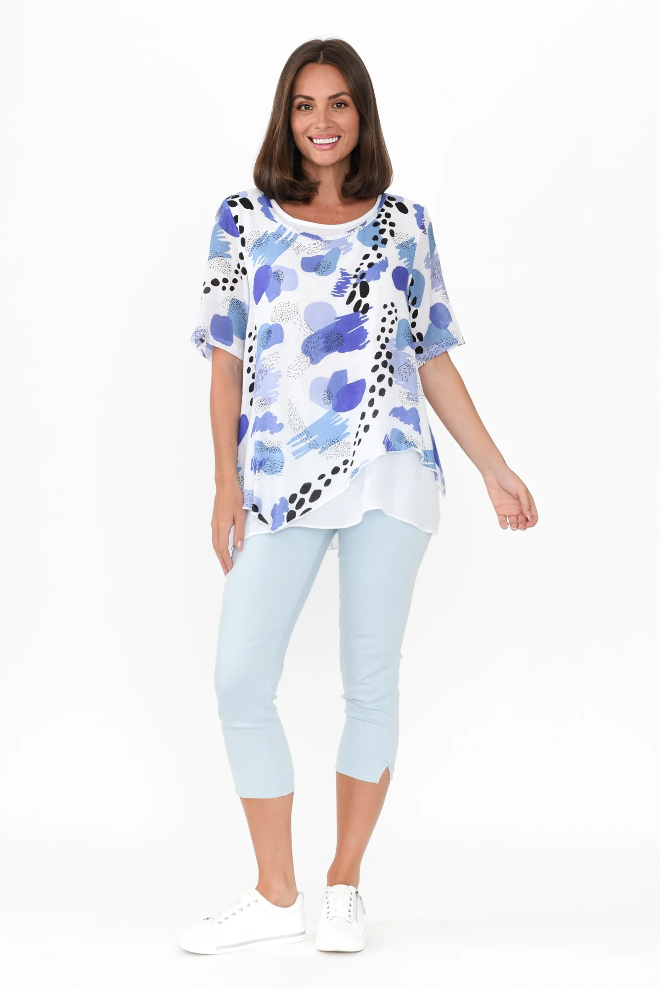 Nias Blue Abstract Cotton Linen Top