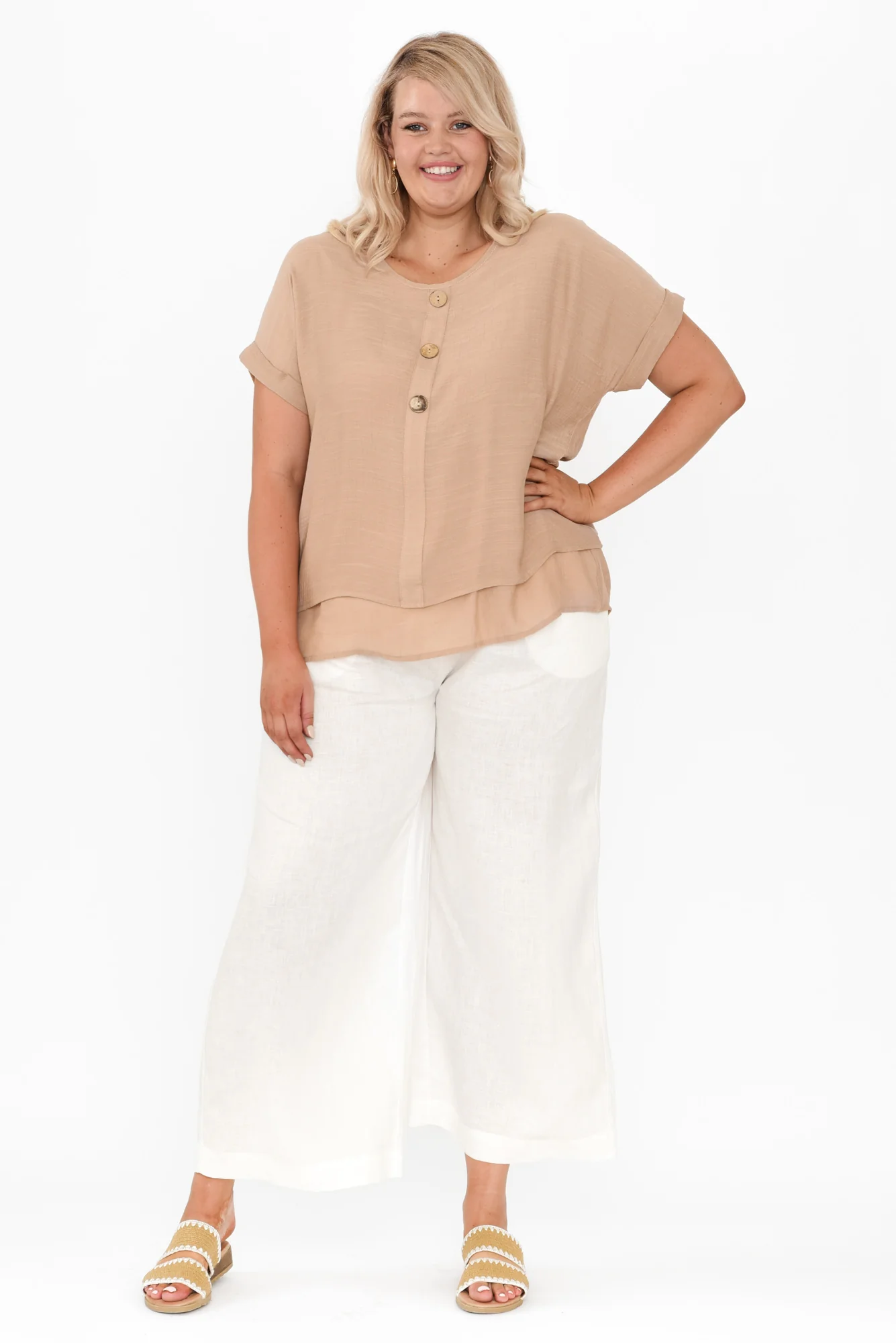 Abilene Beige Button Top