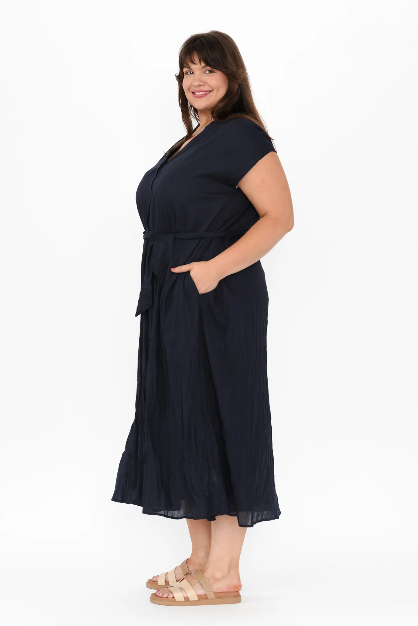 Octavia Navy Crinkle Cotton Button Dress