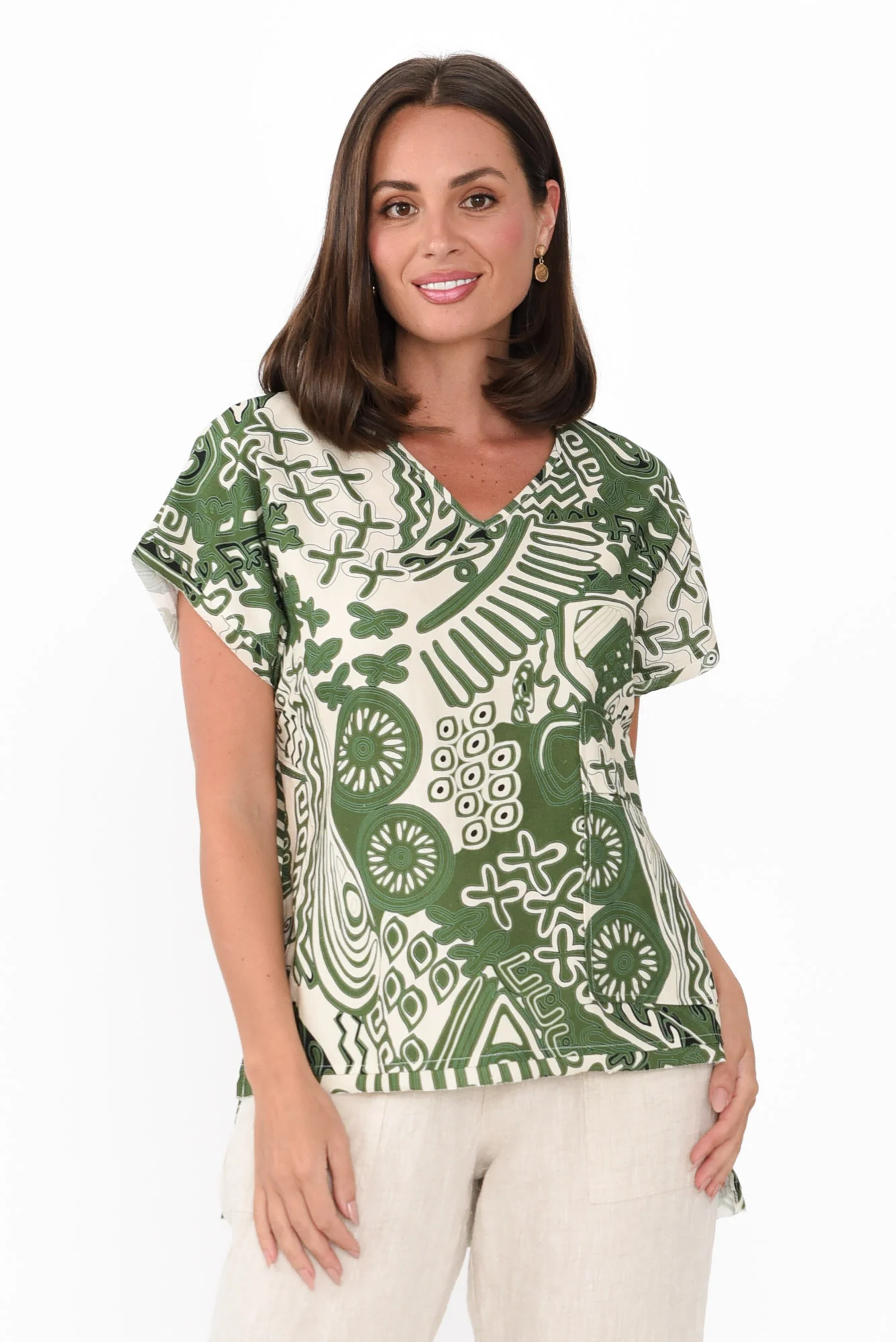 Terassa Green Abstract Linen Blend Top