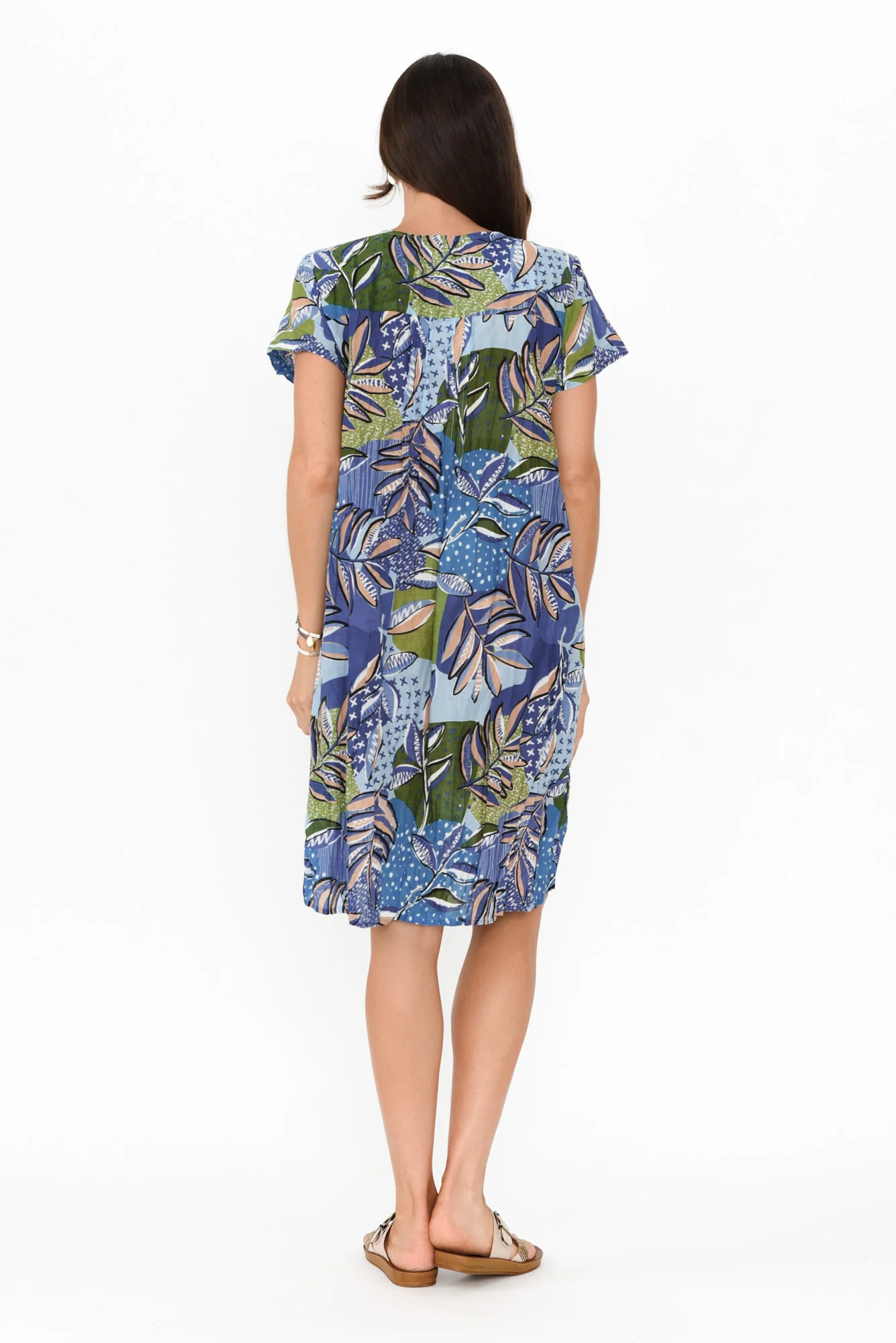 Sabina Blue Foliage Crinkle Cotton Dress