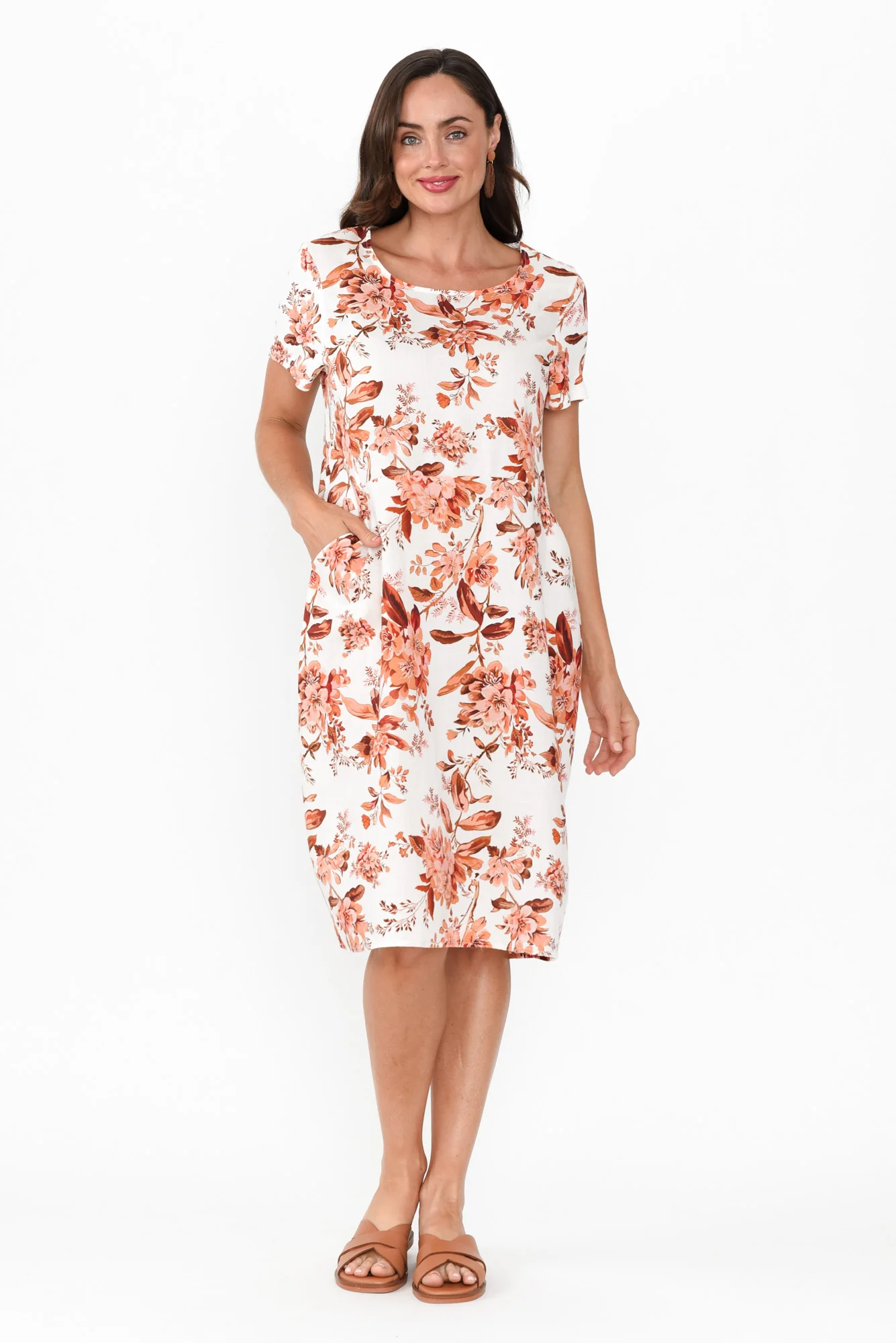 Evalina Orange Floral Linen Blend Dress
