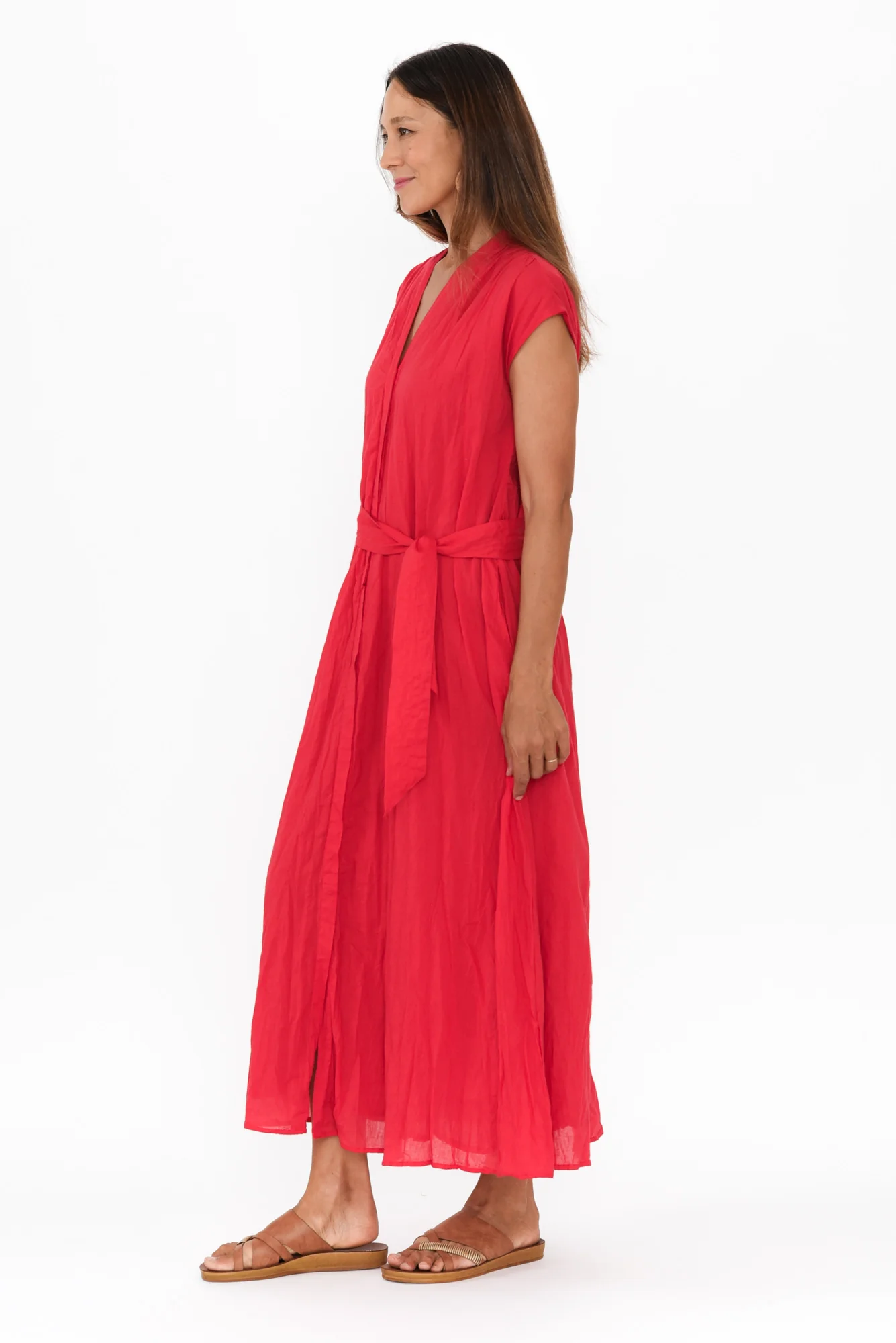 Octavia Red Crinkle Cotton Button Dress