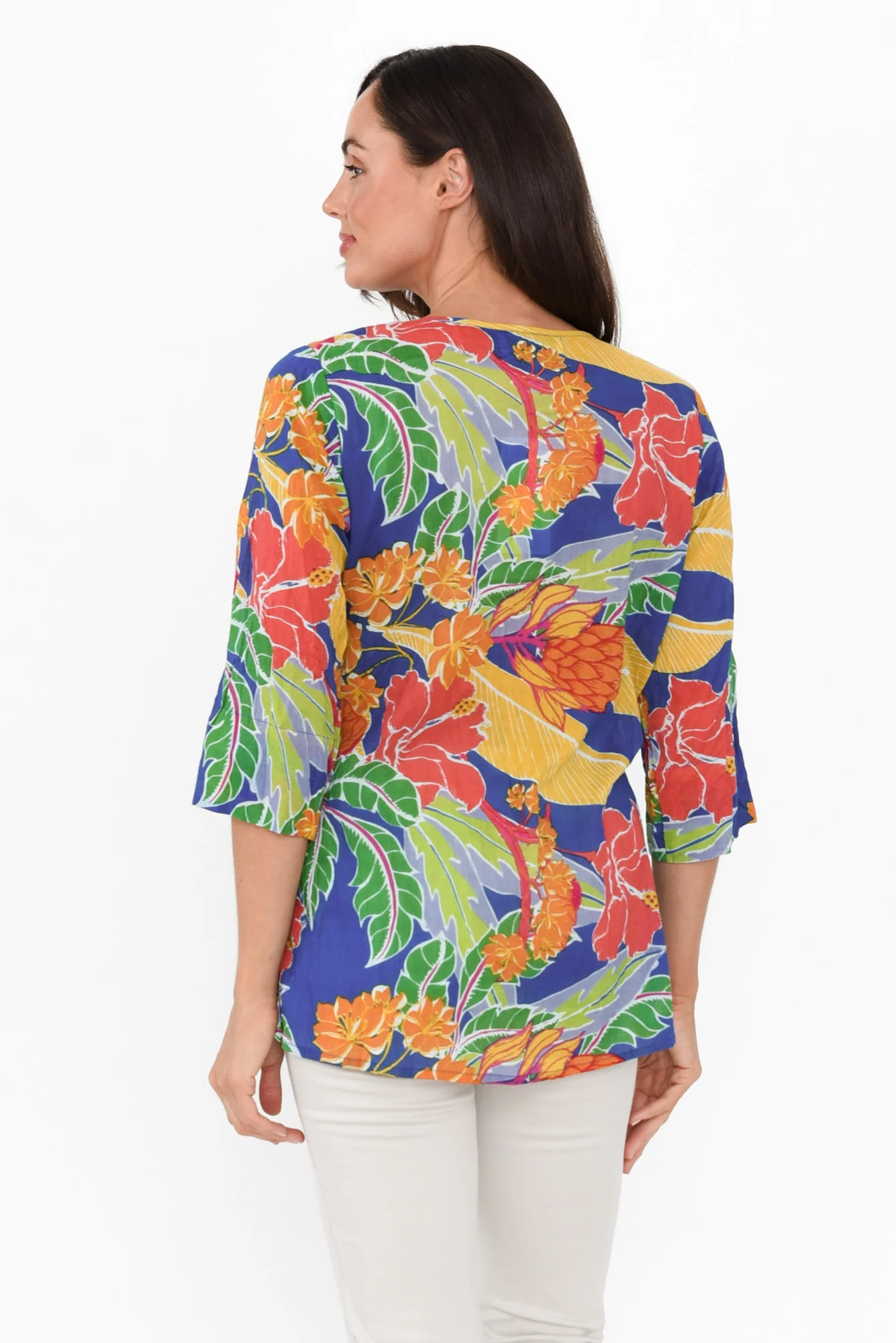 Fia Navy Floral Sleeved Crinkle Cotton Top