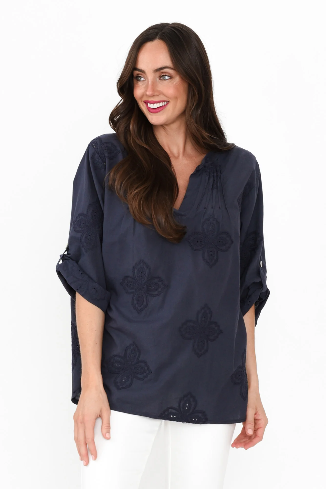 Marla Navy Cotton Embroidered Top