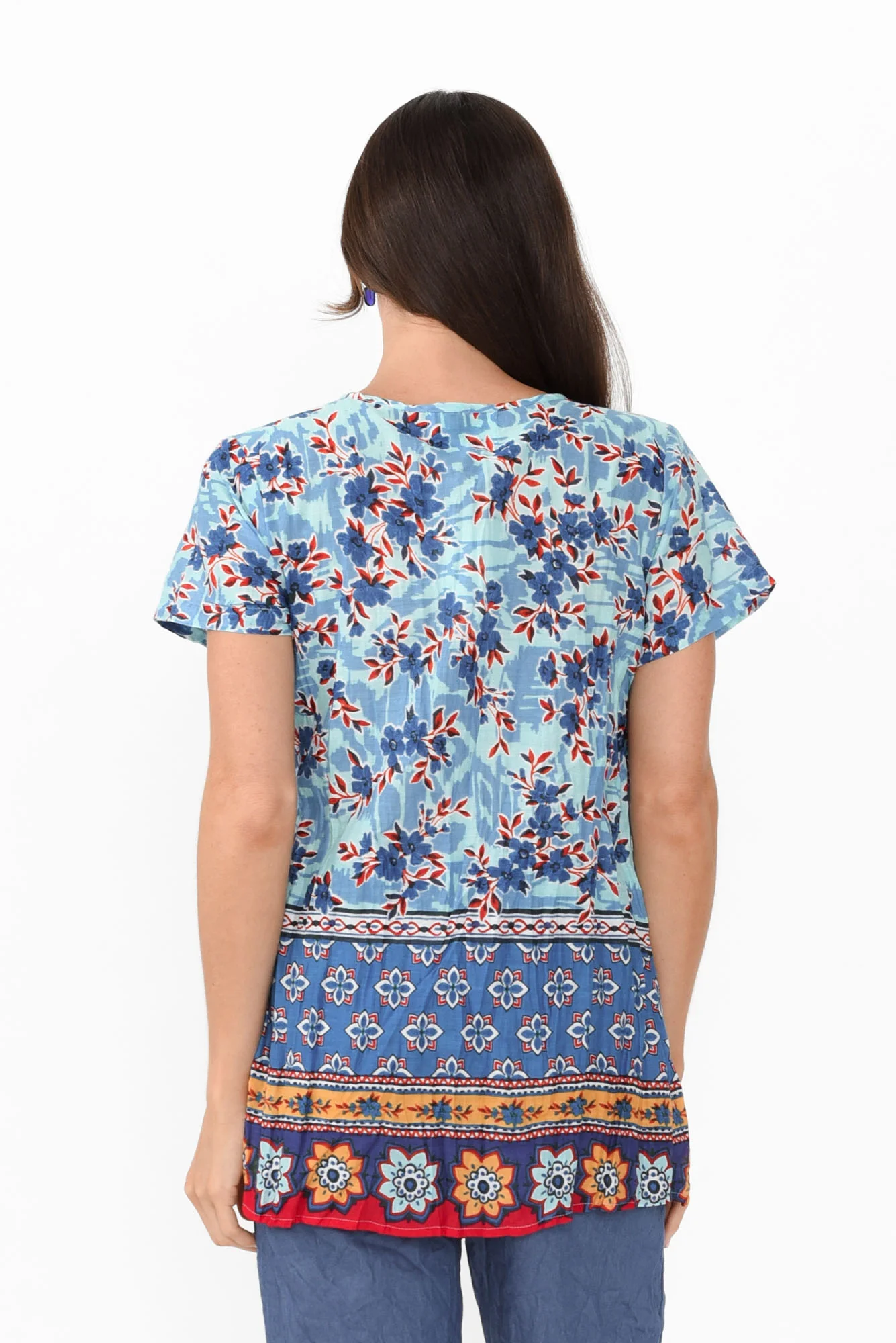Fia Sky Blue Floral Crinkle Cotton Top