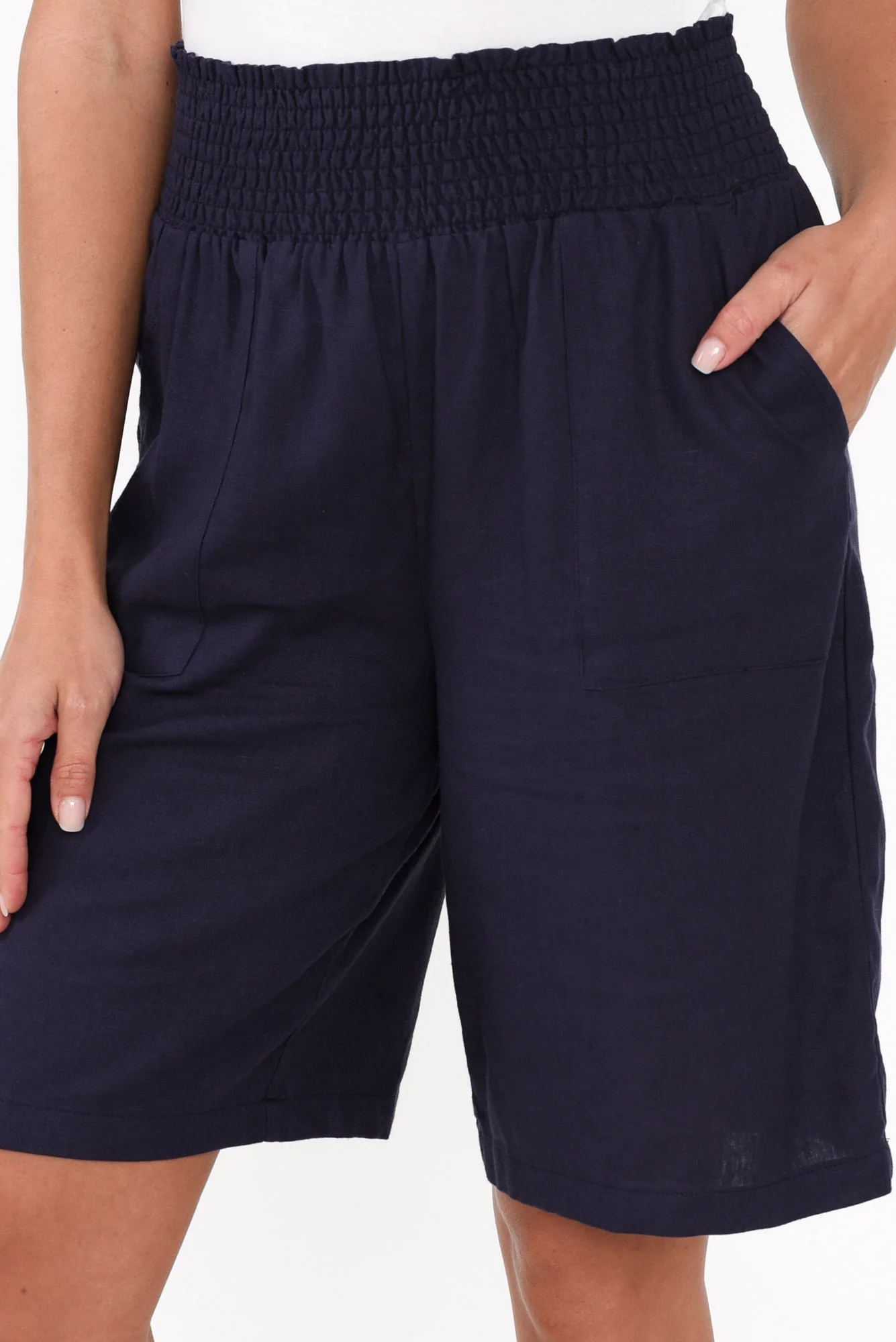 Leigh Navy Linen Blend Bermuda Shorts