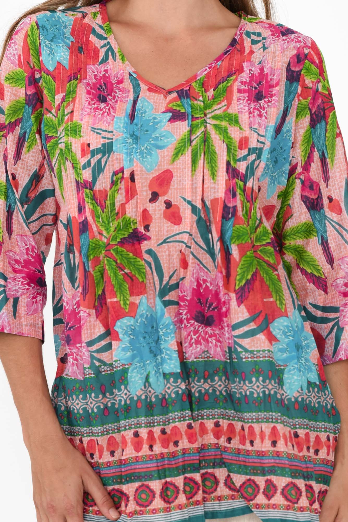 Fia Pink Palm Sleeved Crinkle Cotton Top