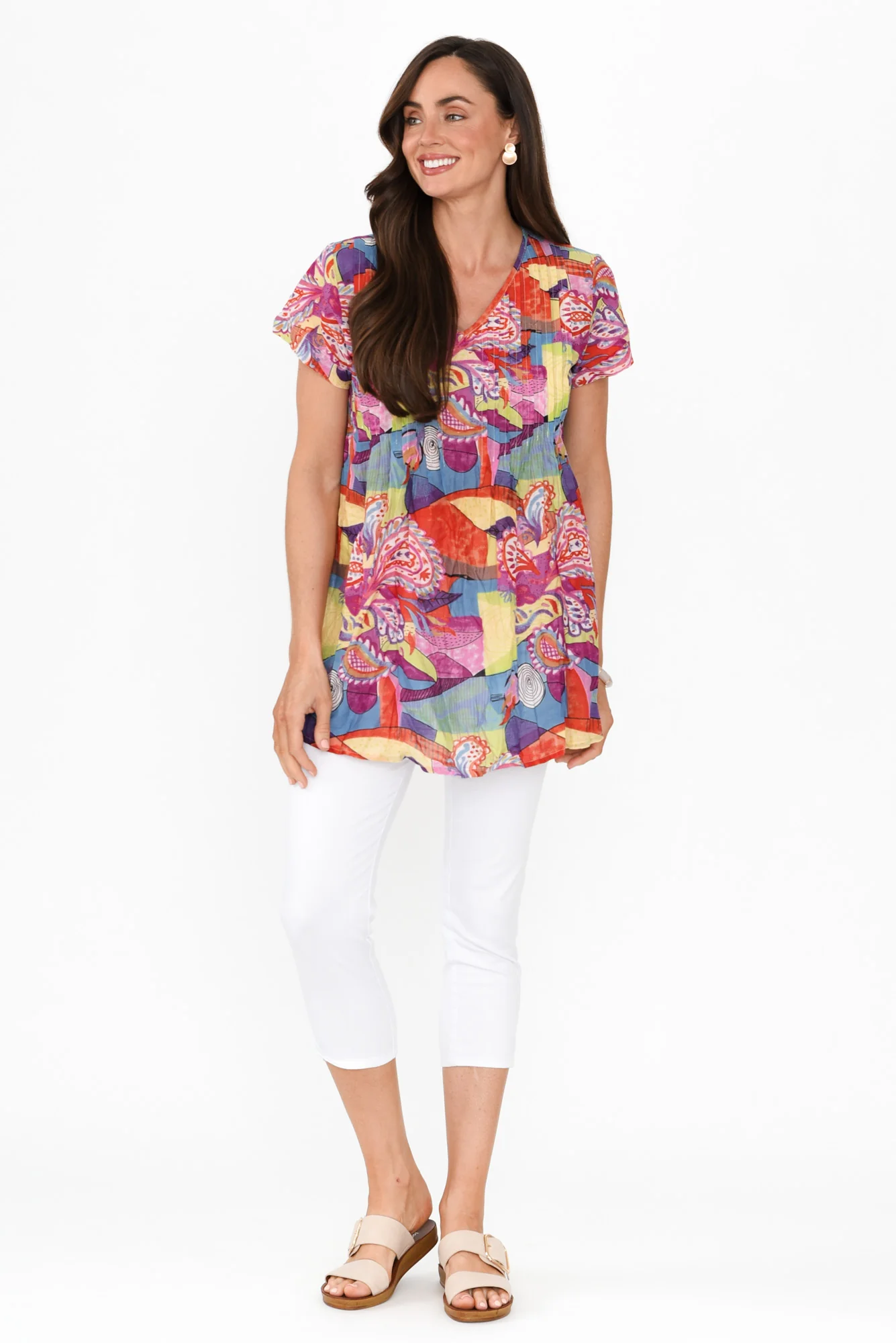 Fia Orange Geo Crinkle Cotton Top