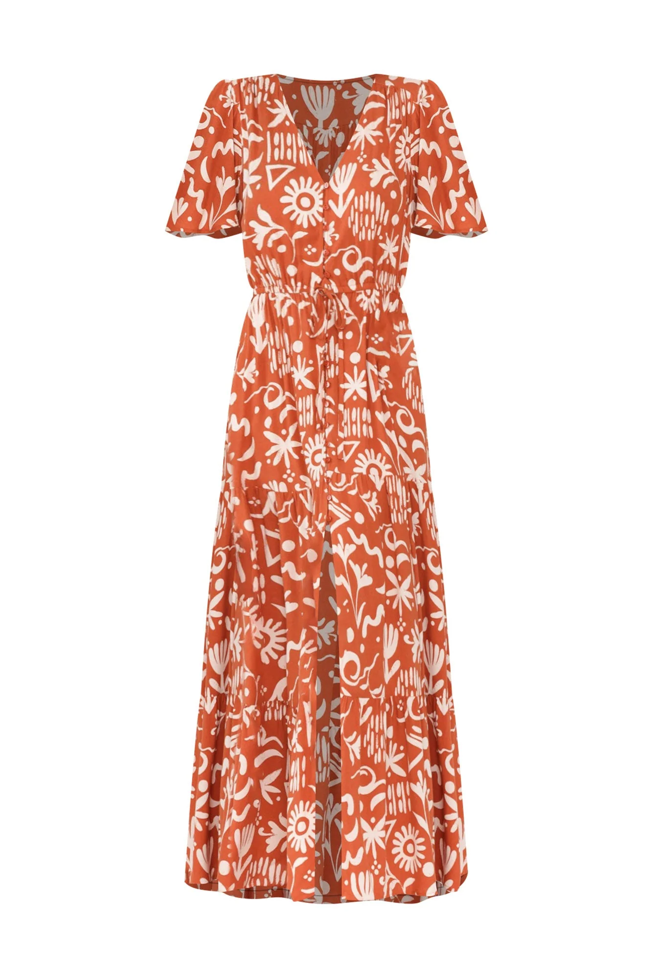 Barbara Rust Geo Flutter Sleeve Dress