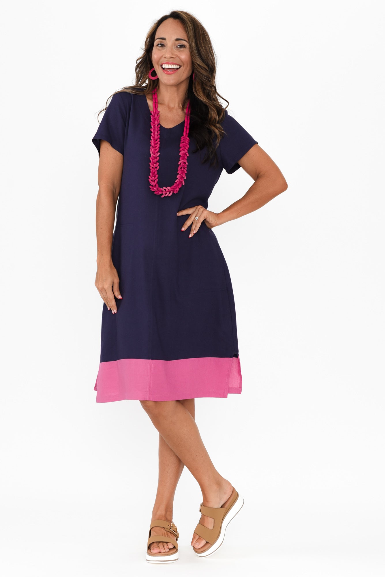 Elwood Navy Splice Linen Blend Dress
