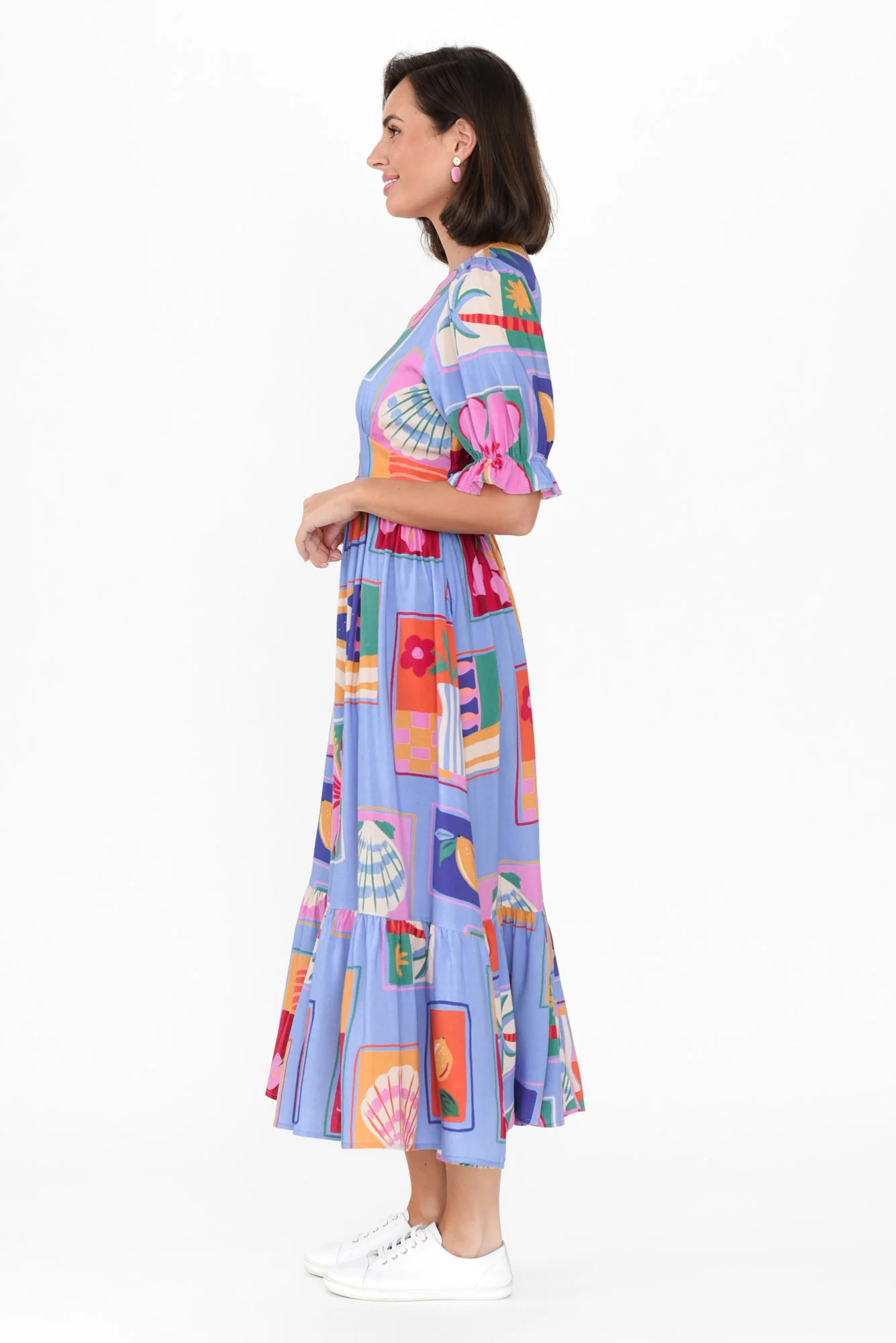 Beatrice Blue Tile Puff Sleeve Dress