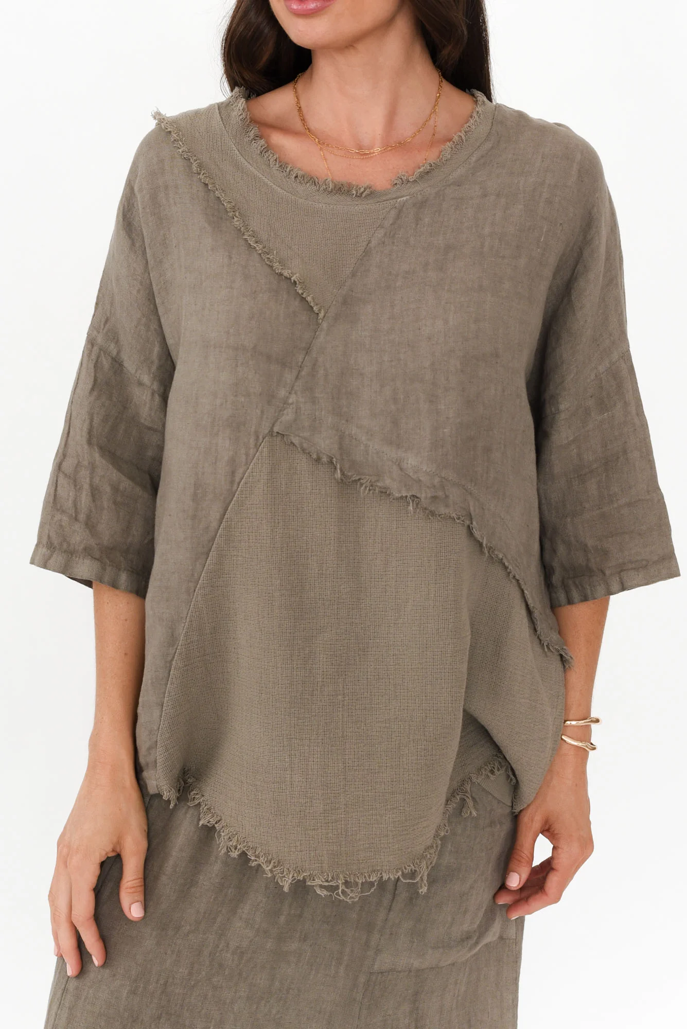 Denae Taupe Linen Frayed Top