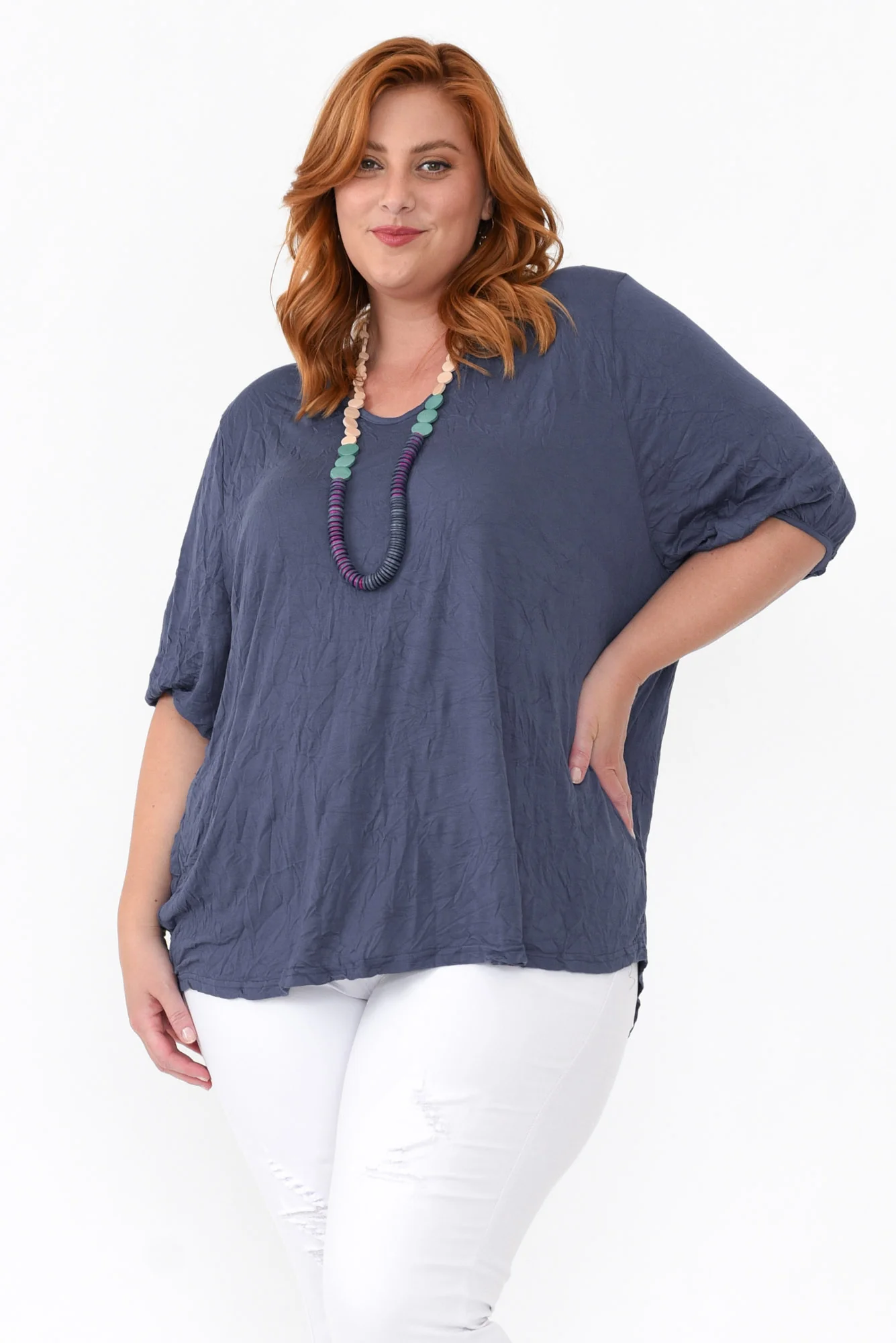 Agnes Blue Crinkle Cotton Hi Lo Top