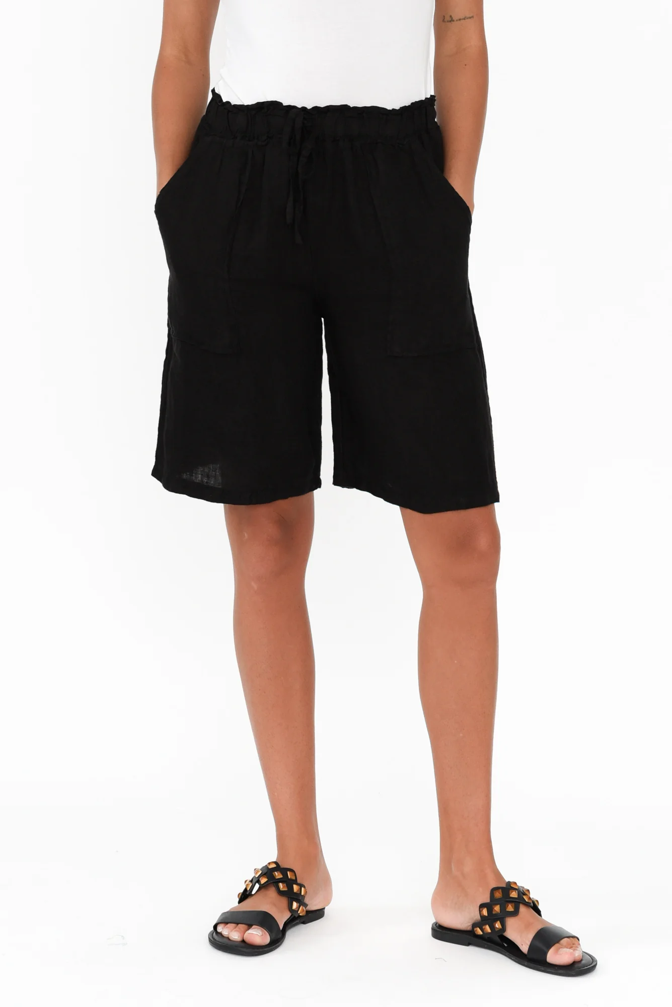 Paulina Black Linen Drawstring Shorts