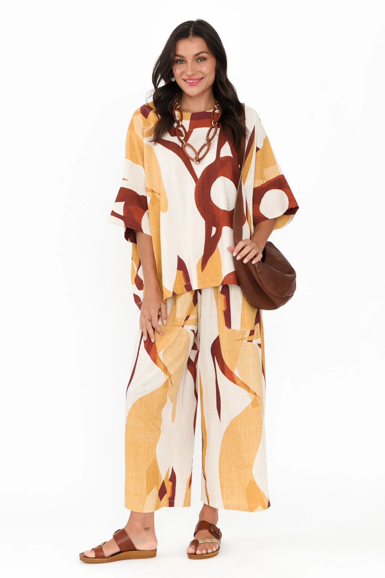 Minnelli Beige Abstract Linen Cotton Pants