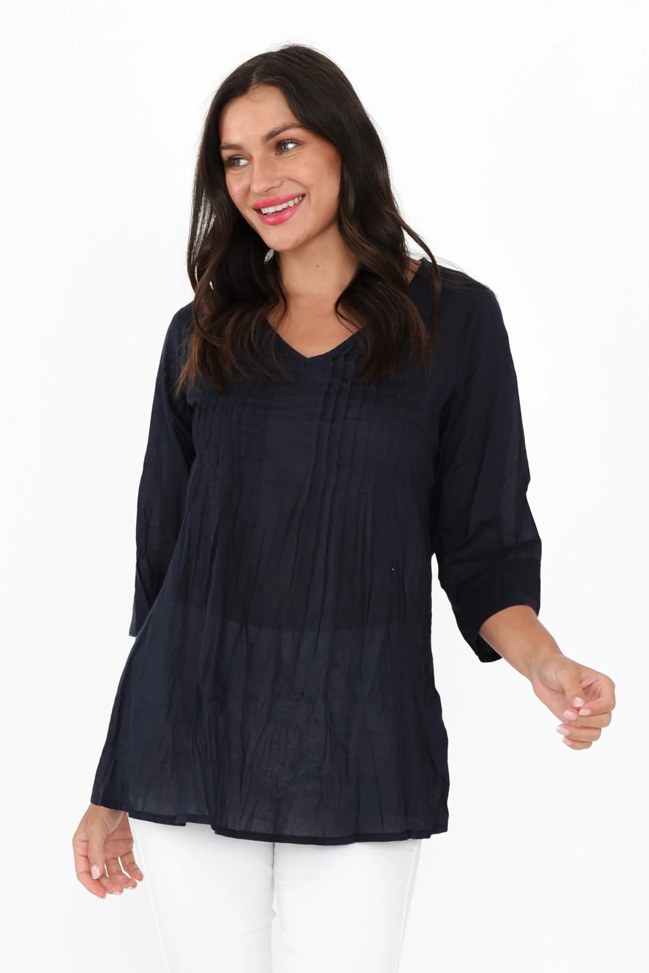 Fia Navy Sleeved Crinkle Cotton Top