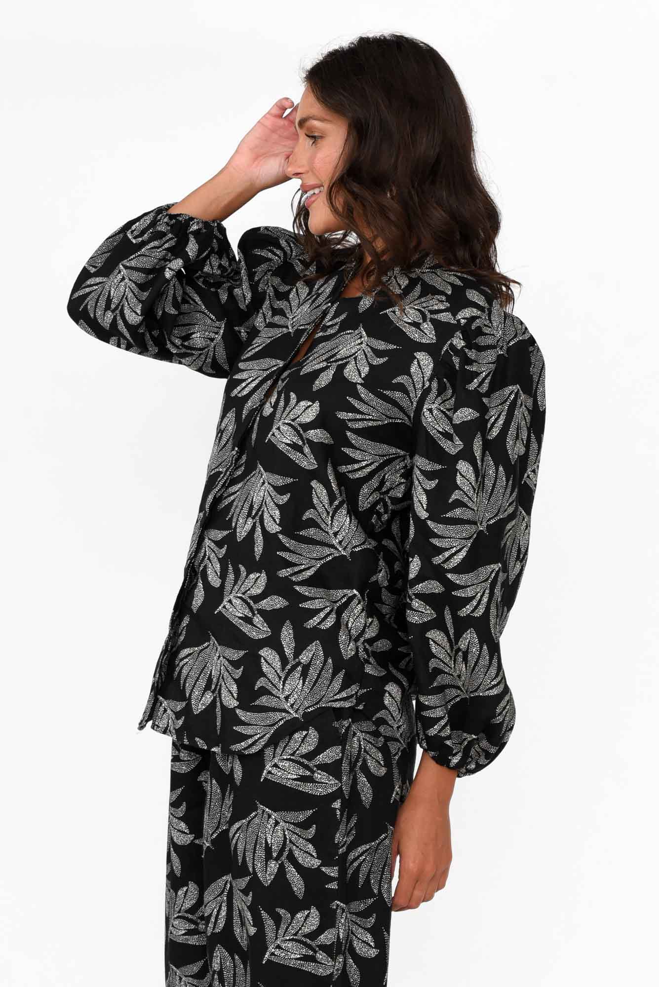 Finch Black Palm Linen Sleeved Blouse