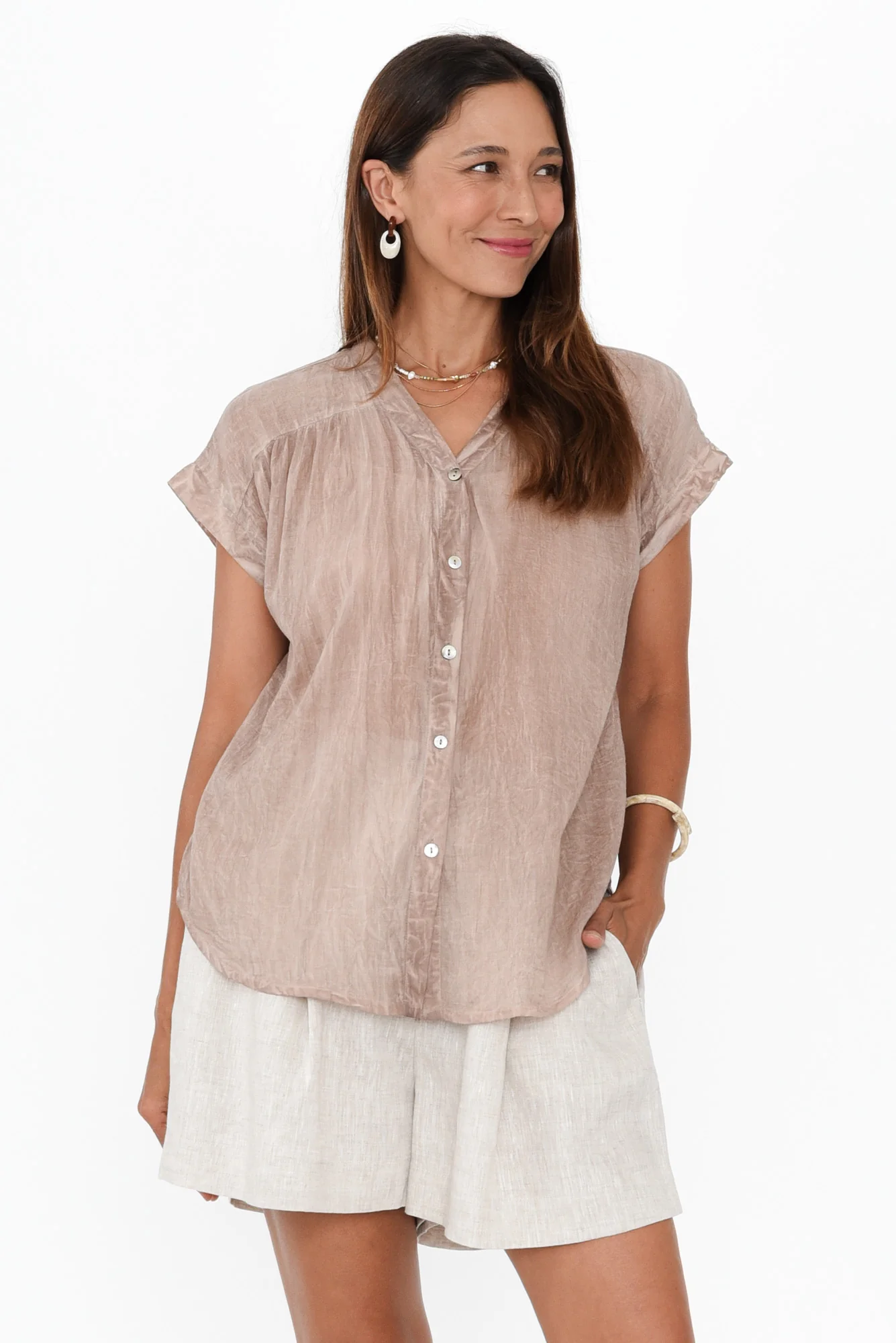 Nevada Taupe Cotton Button Top