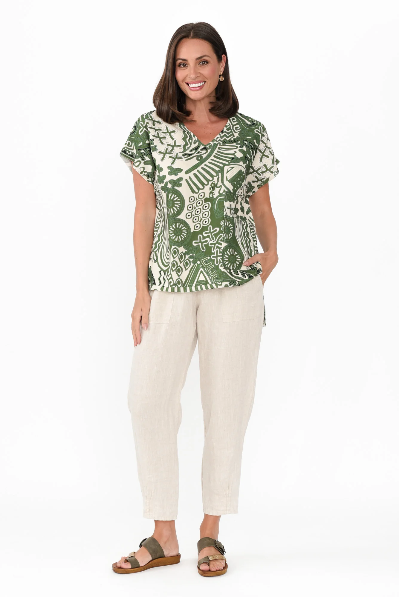 Terassa Green Abstract Linen Blend Top