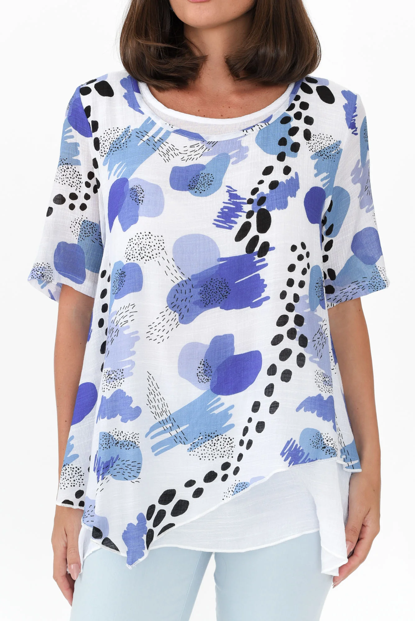 Nias Blue Abstract Cotton Linen Top
