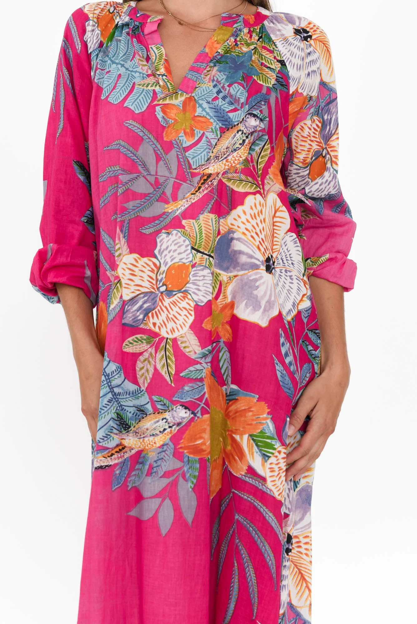 Liliana Pink Bird Cotton Kaftan