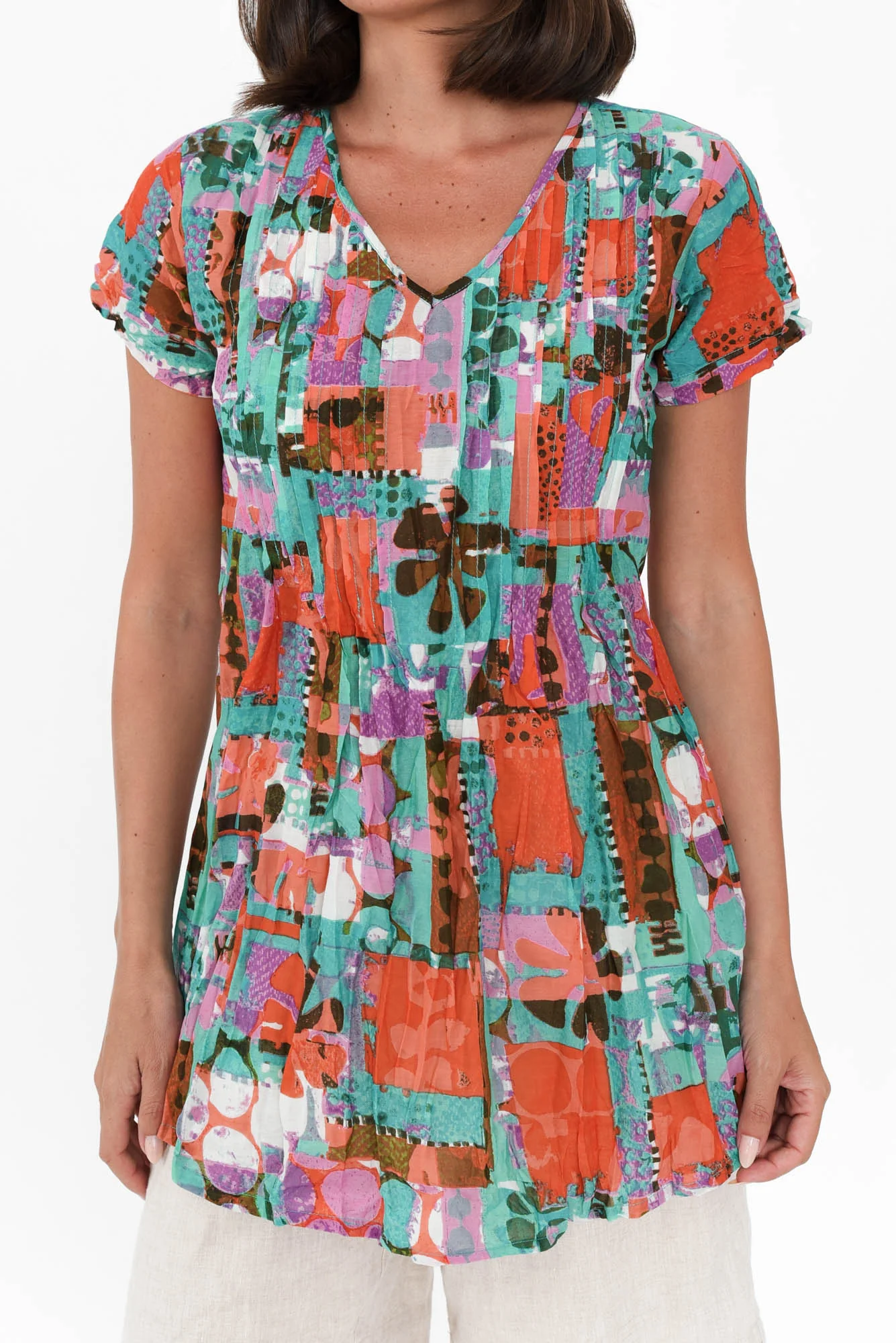 Fia Teal Patchwork Crinkle Cotton Top