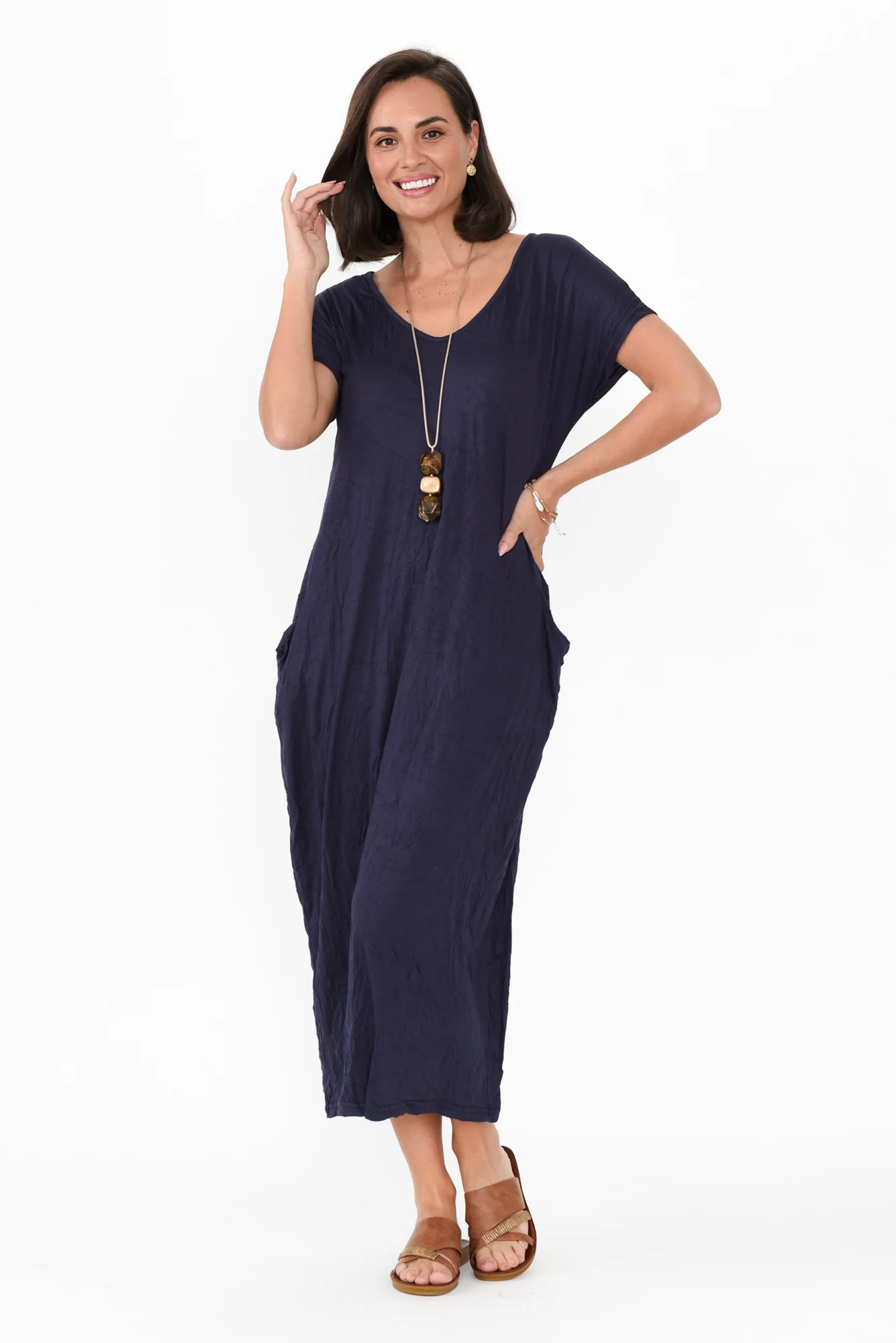 Travel Dark Navy Crinkle Cotton Maxi Dress