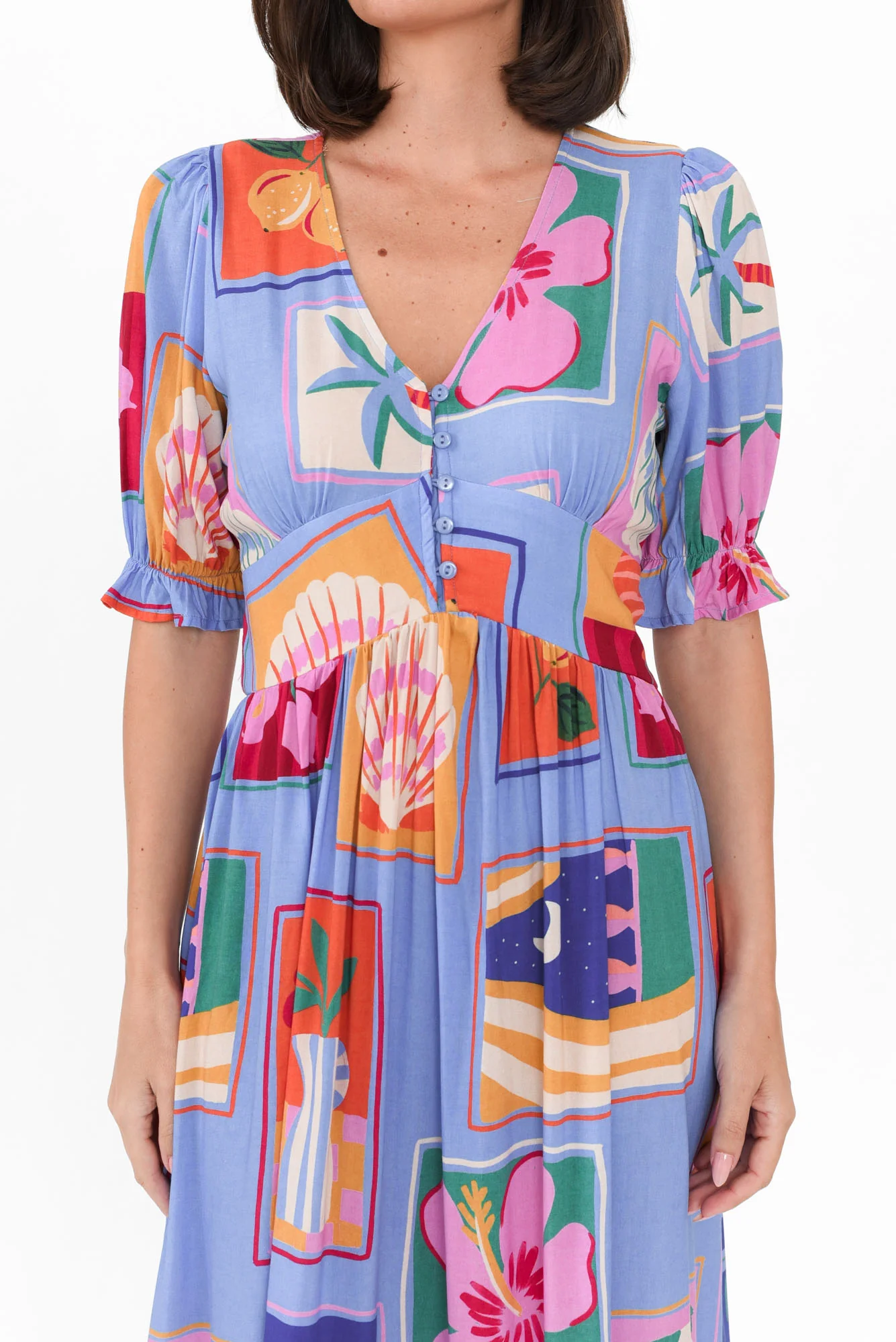 Beatrice Blue Tile Puff Sleeve Dress