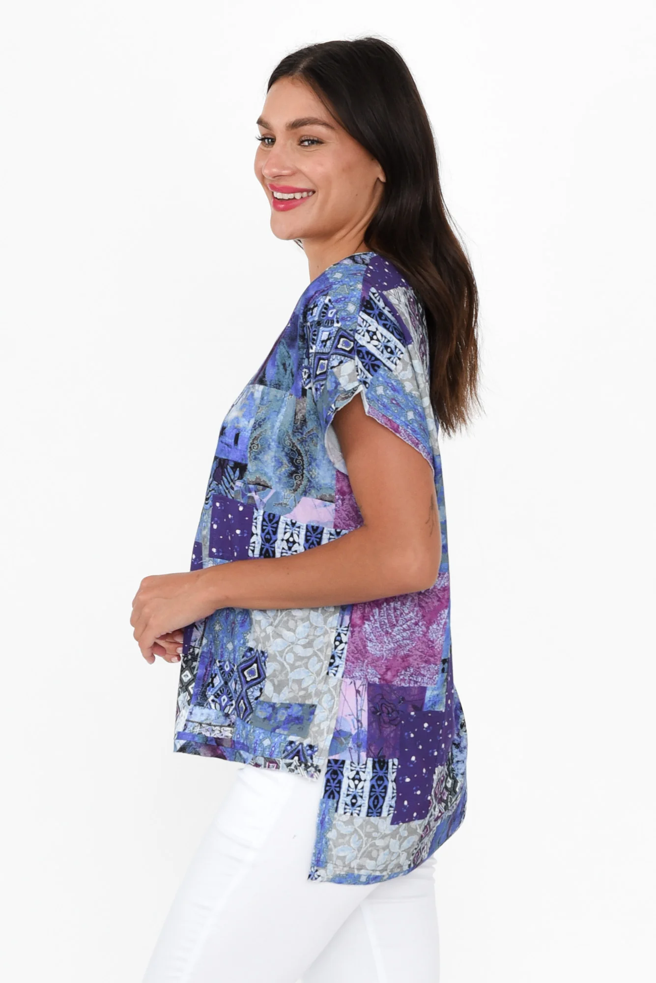 Terassa Blue Abstract Linen Blend Top