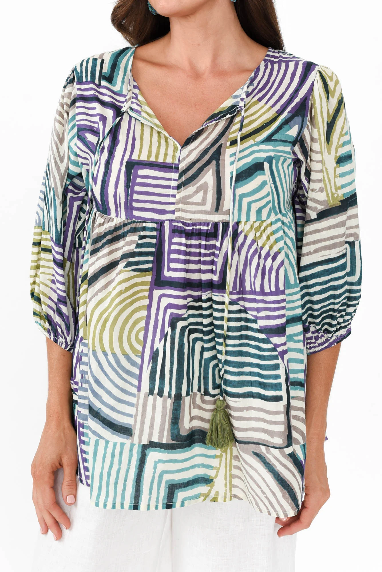 Rosa Green Ripple Cotton Tie Top