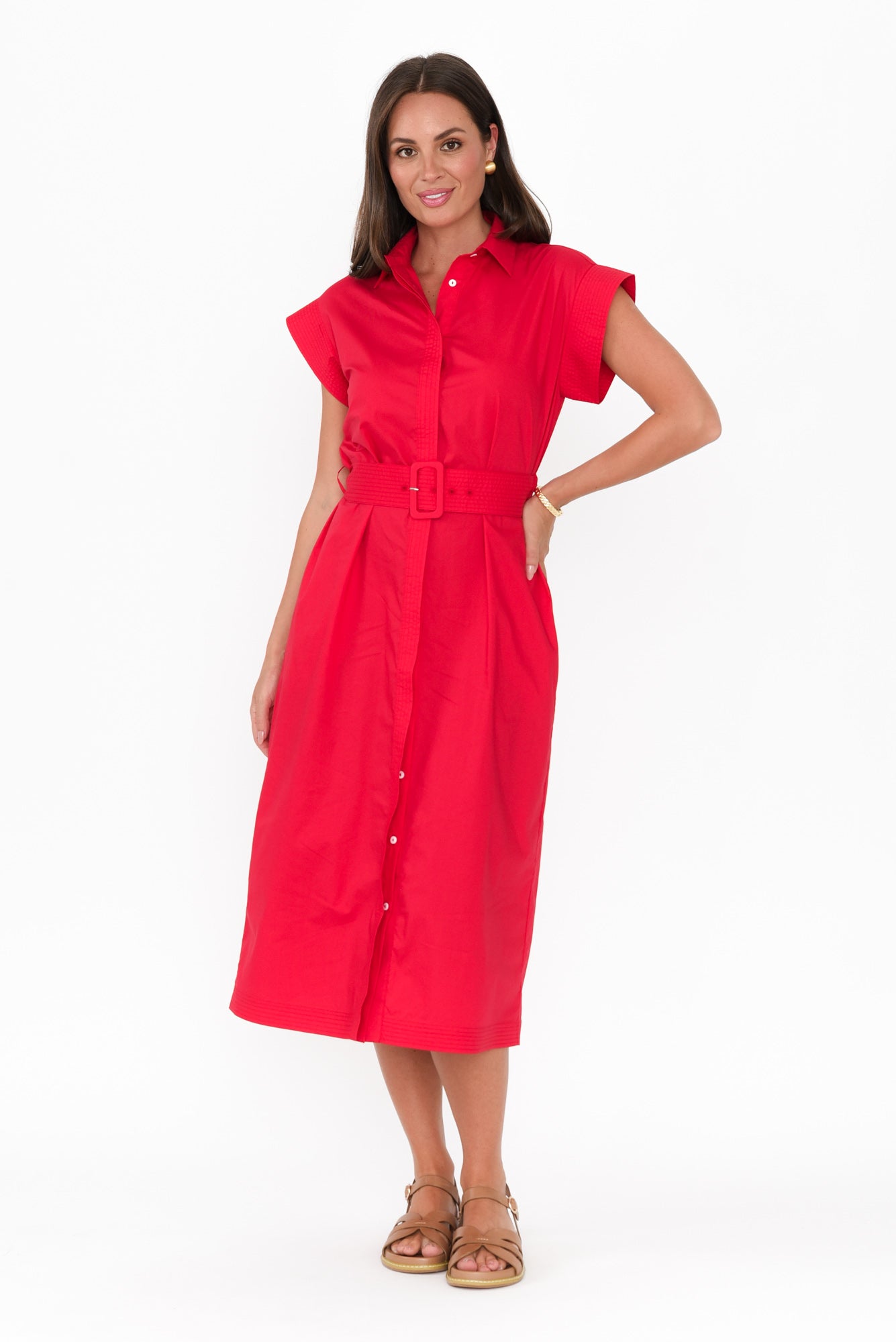 Gail Red Cotton Belted Dress