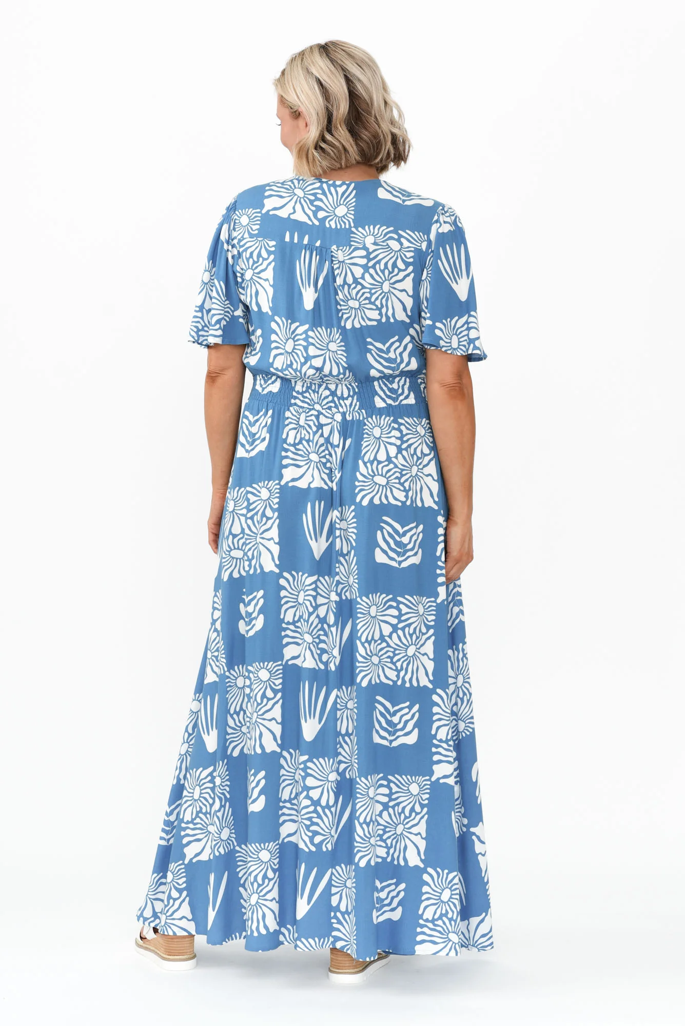 Ora Blue Floral Flutter Sleeve Dress