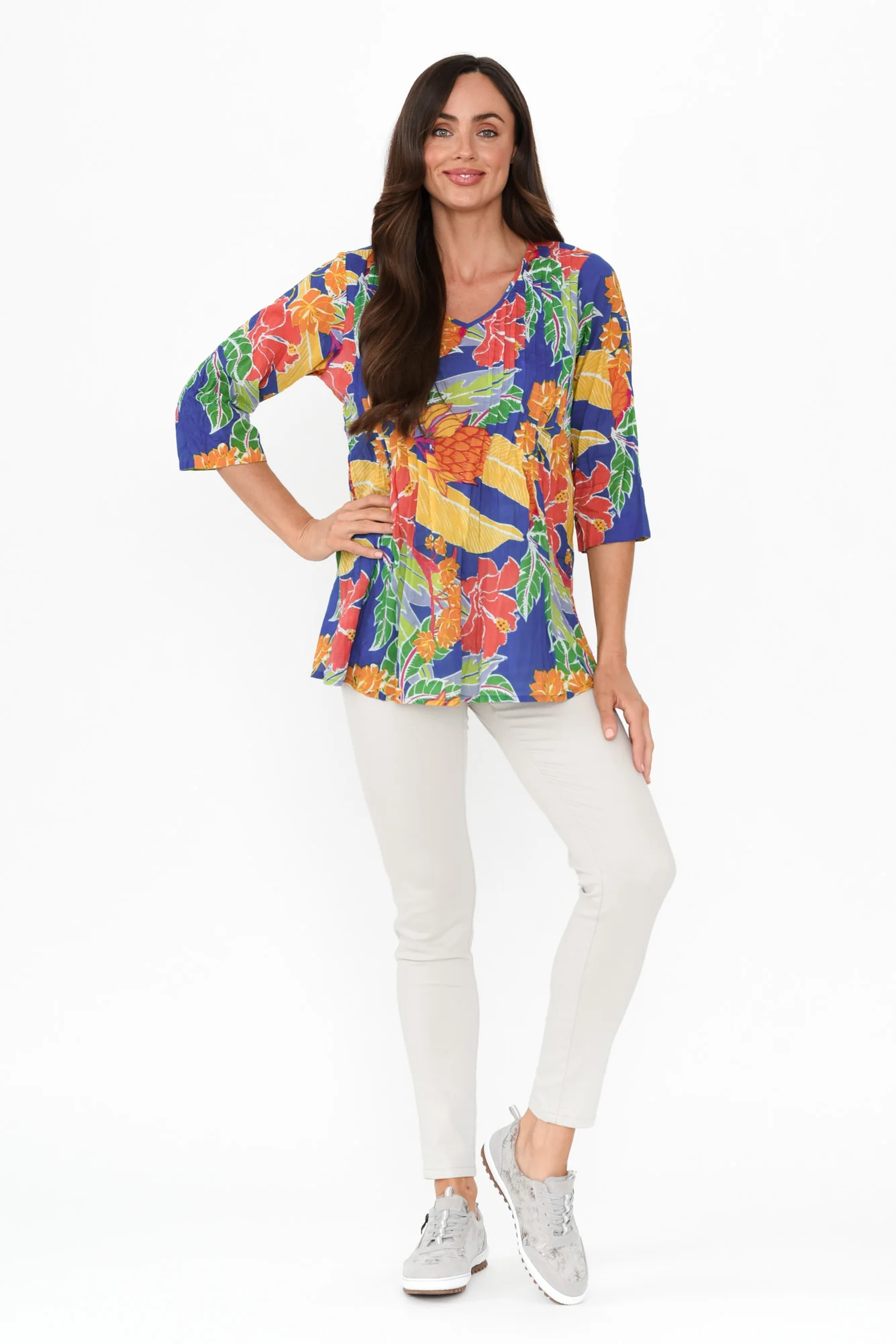 Fia Navy Floral Sleeved Crinkle Cotton Top