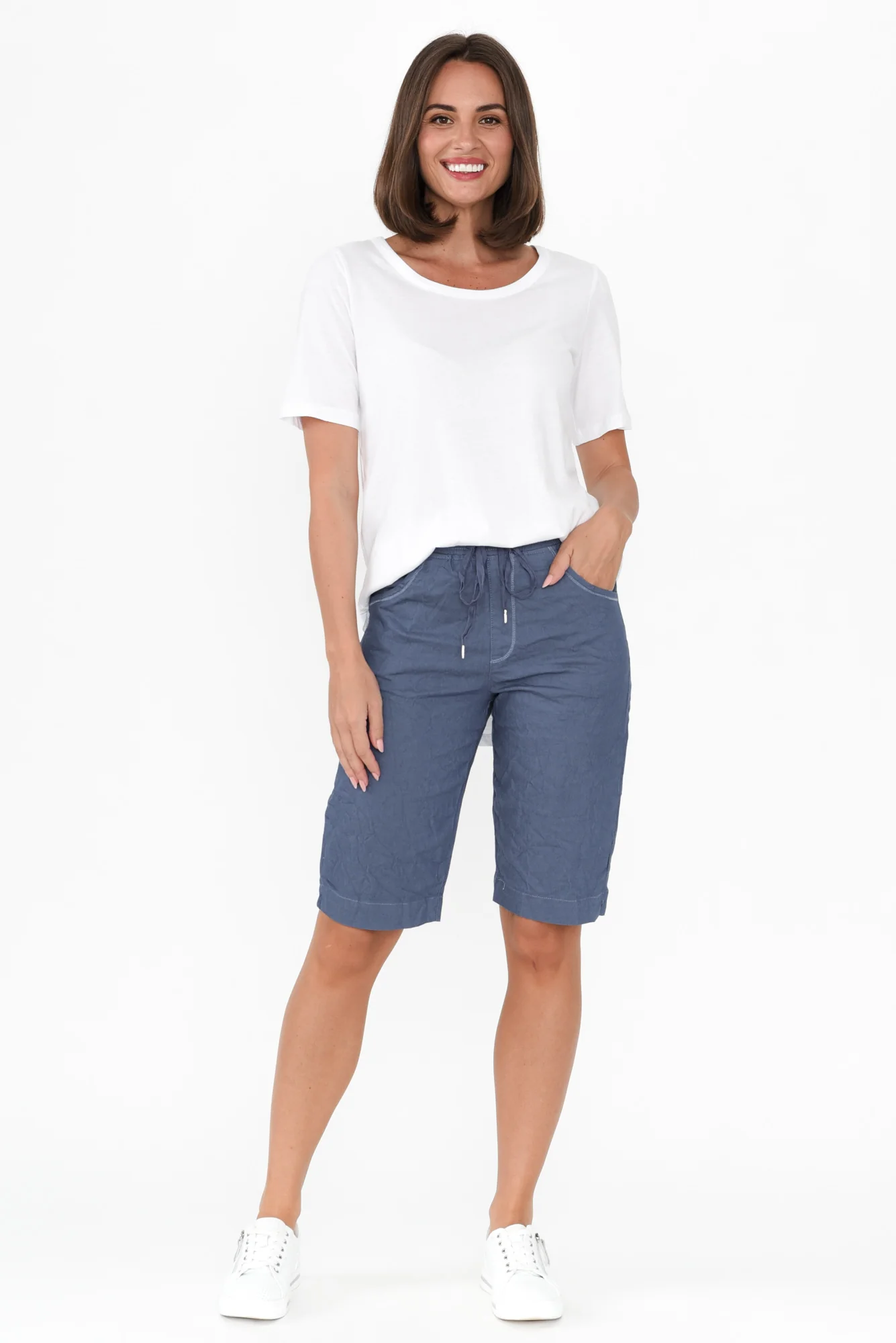 Asha Blue Cotton Blend Drawstring Shorts